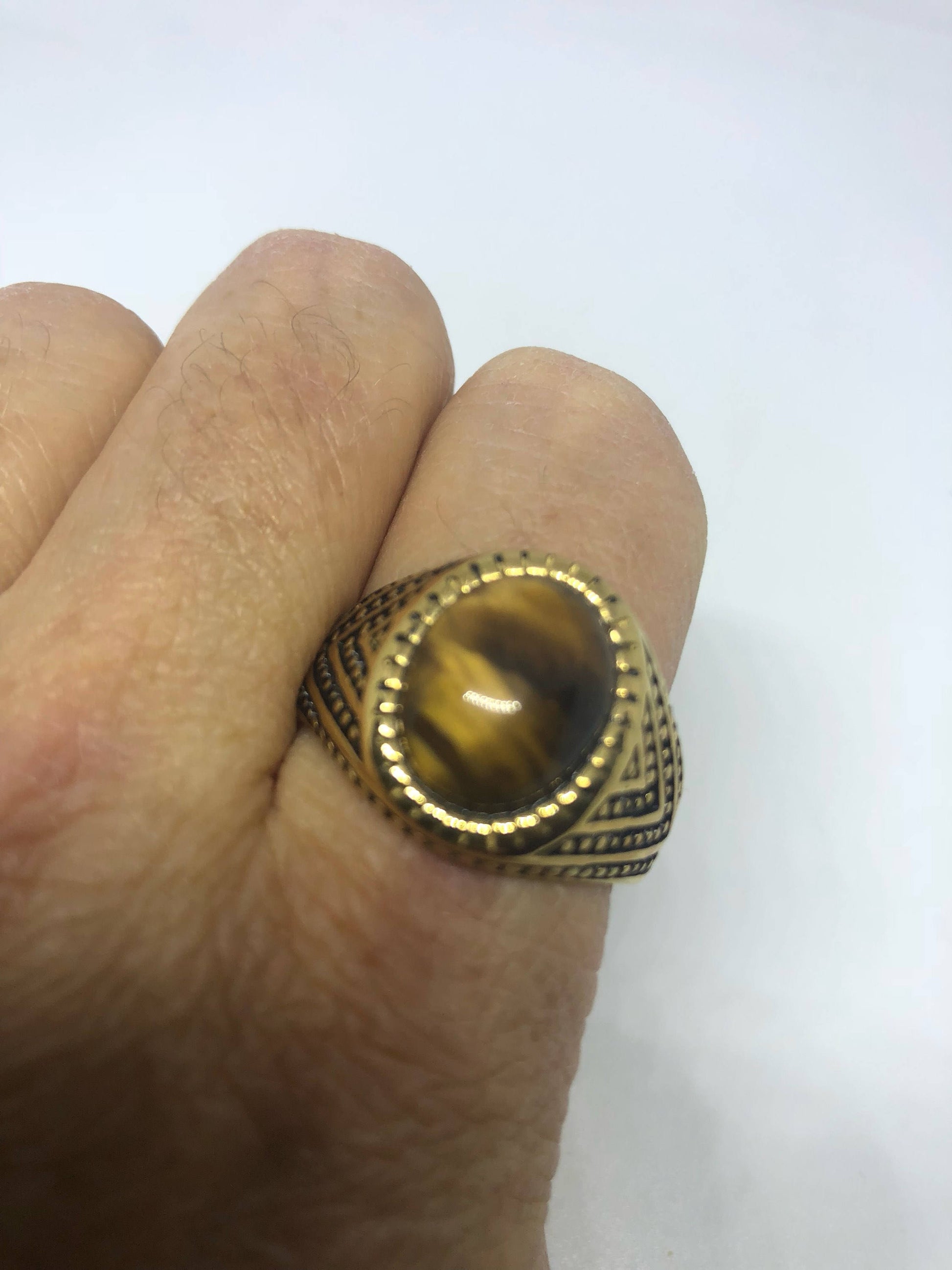 Vintage Gothic Gold Finished Stainless Steel Genuine Tigers Eye Ring