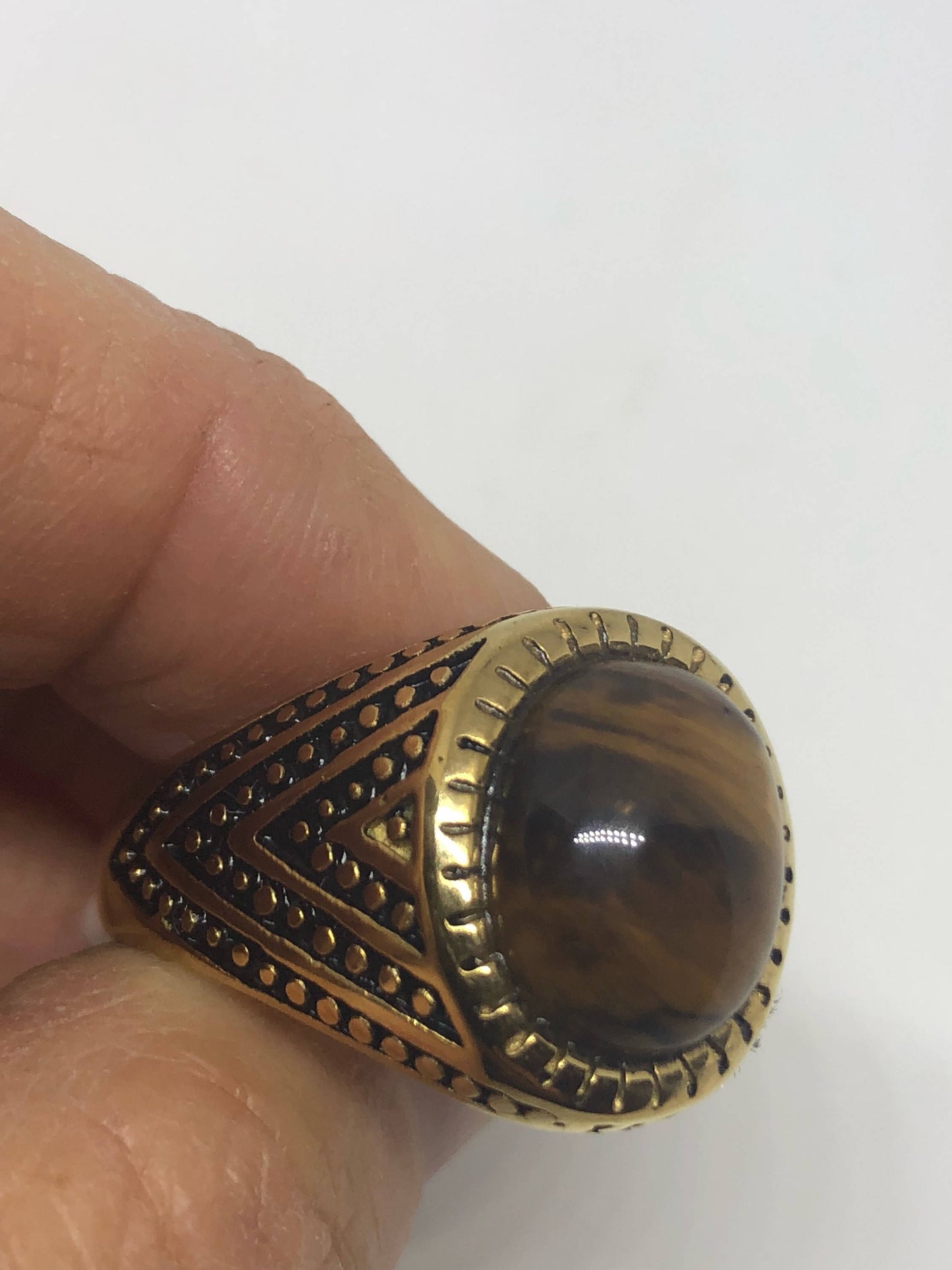 Vintage Gothic Gold Finished Stainless Steel Genuine Tigers Eye Ring