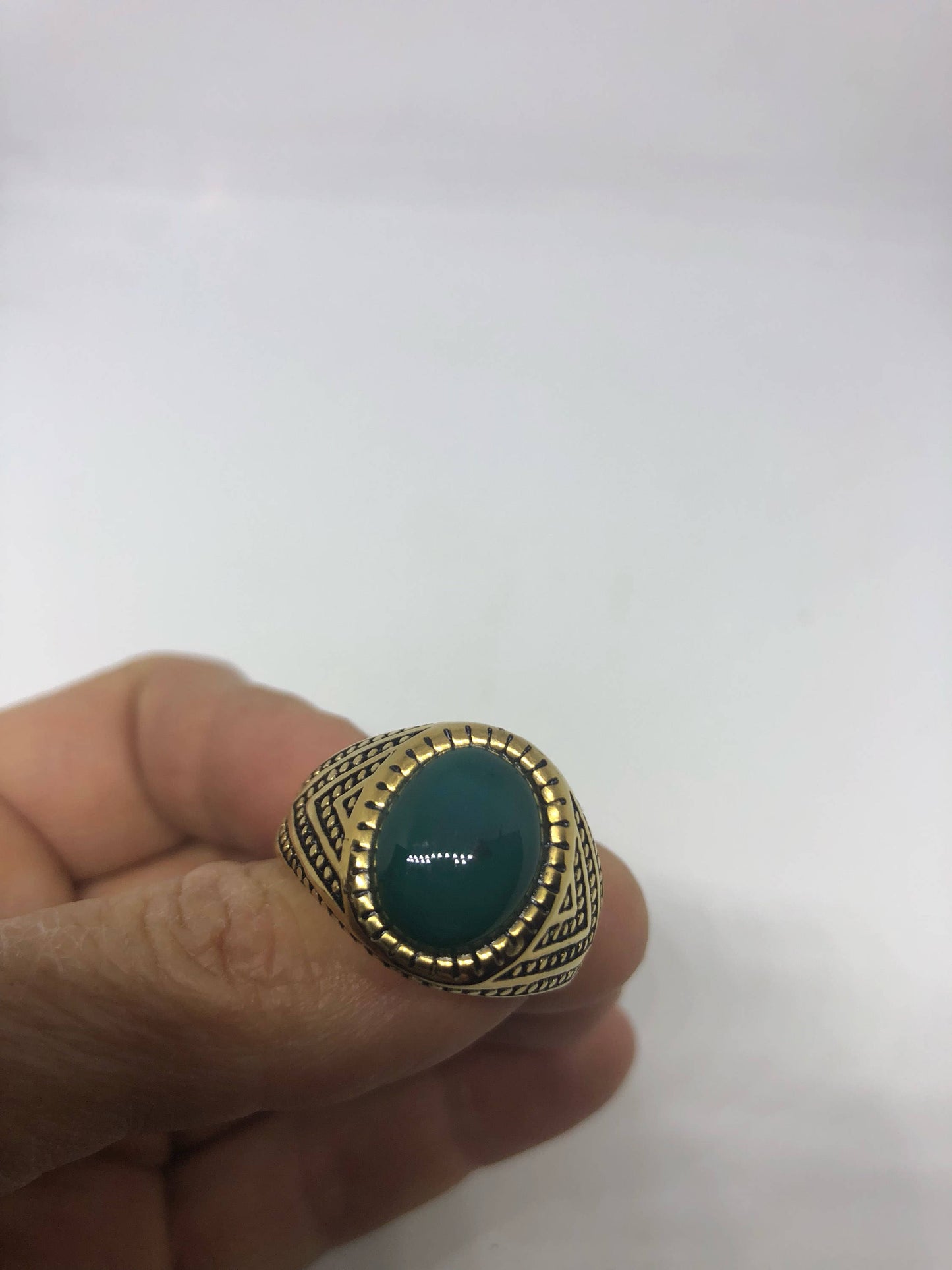 Vintage Gothic Gold Finished Genuine Green Chrysopraise Mens Ring