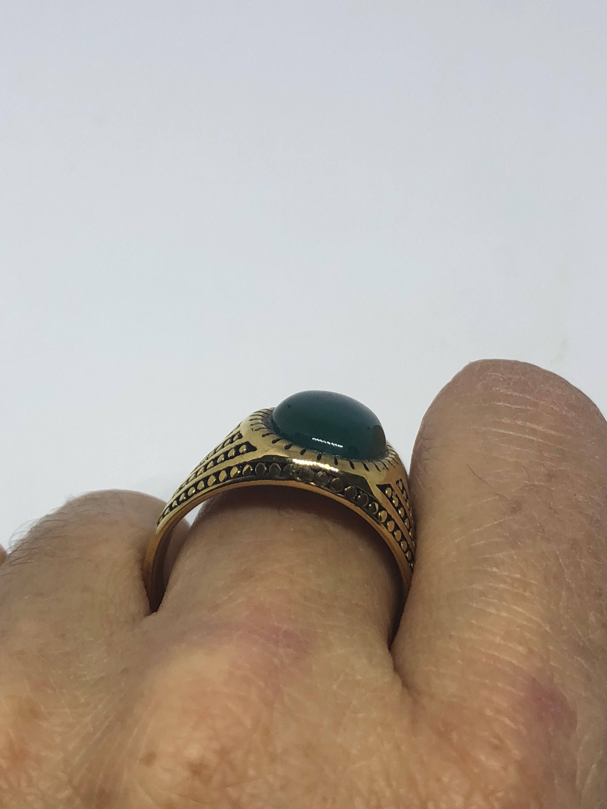 Vintage Gothic Gold Finished Genuine Green Chrysopraise Mens Ring