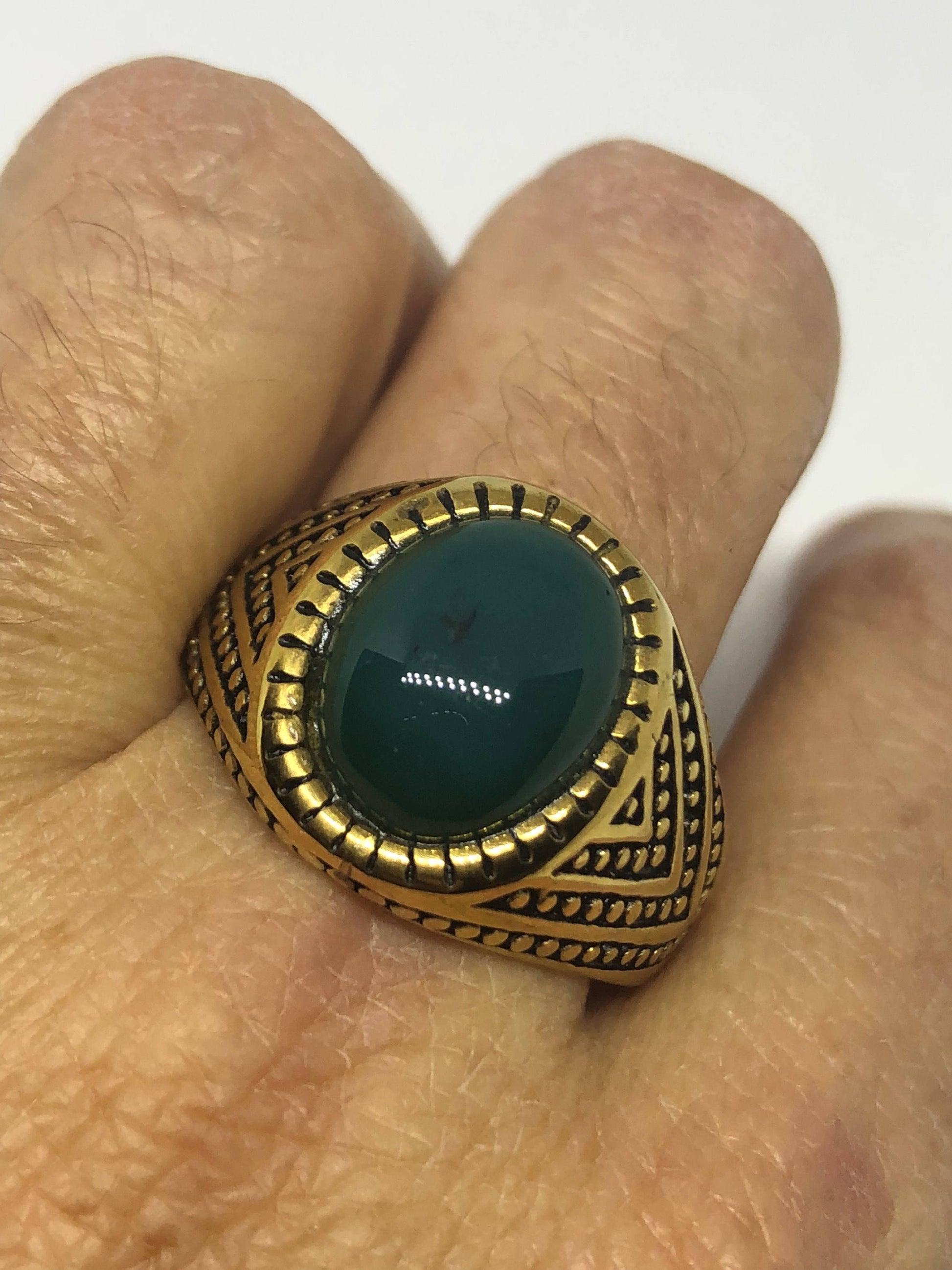 Vintage Gothic Gold Finished Genuine Green Chrysopraise Mens Ring