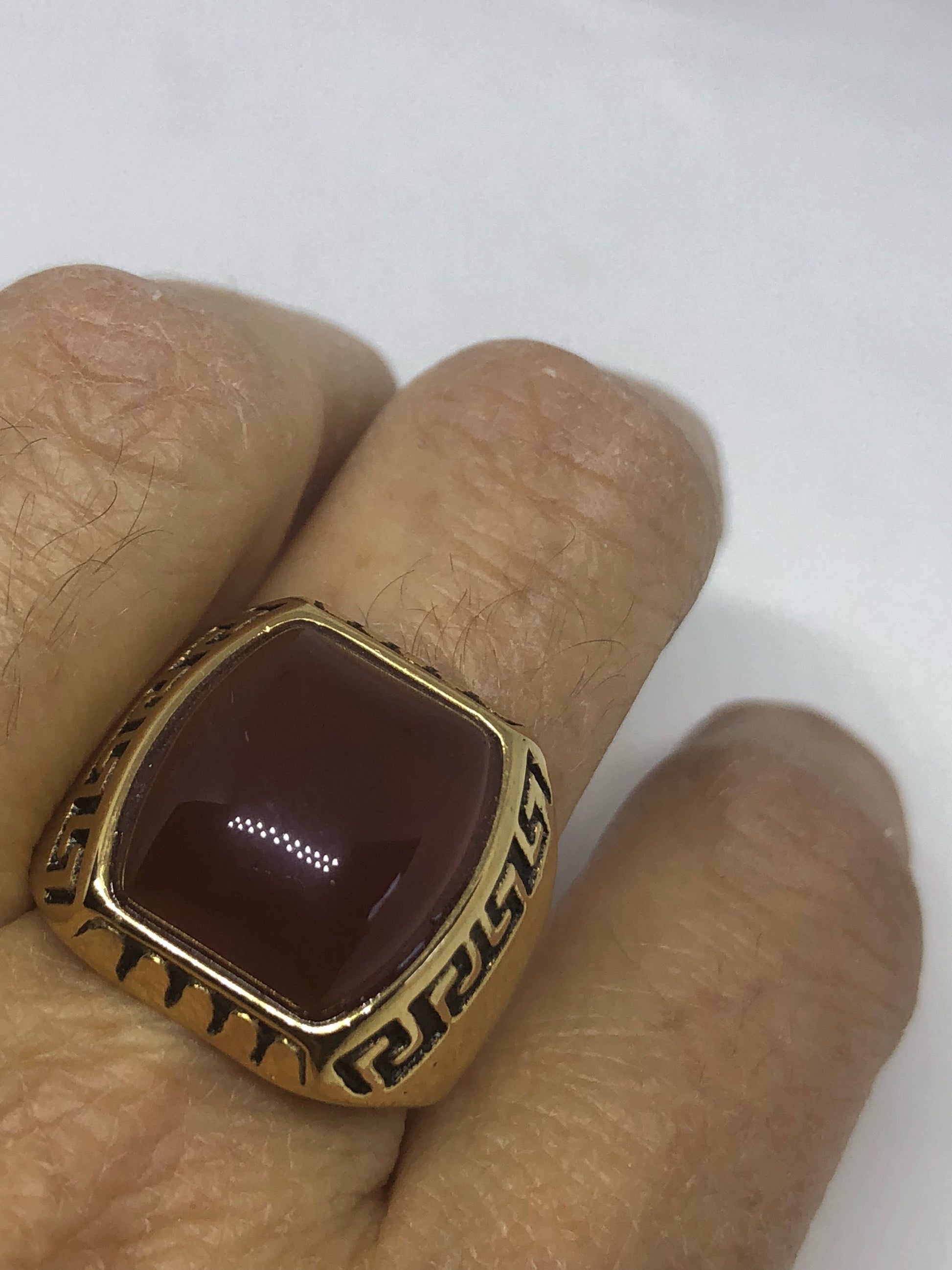 Vintage Gothic Gold Finished Genuine Red Carnelian Mens Ring