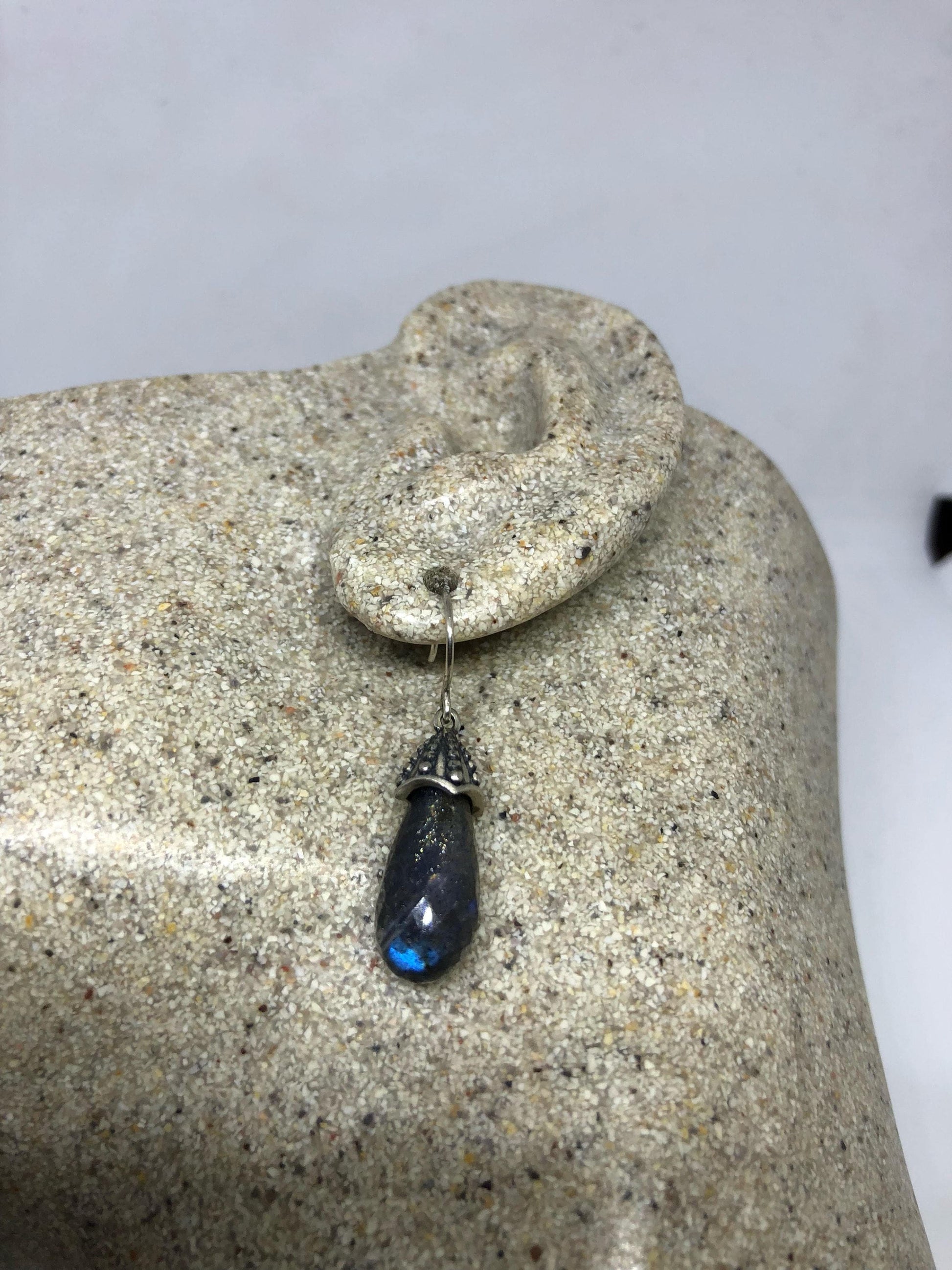 Vintage Genuine Blue Rainbow Labradorite Gemstone Filigree Sterling Silver Chandelier Earrings