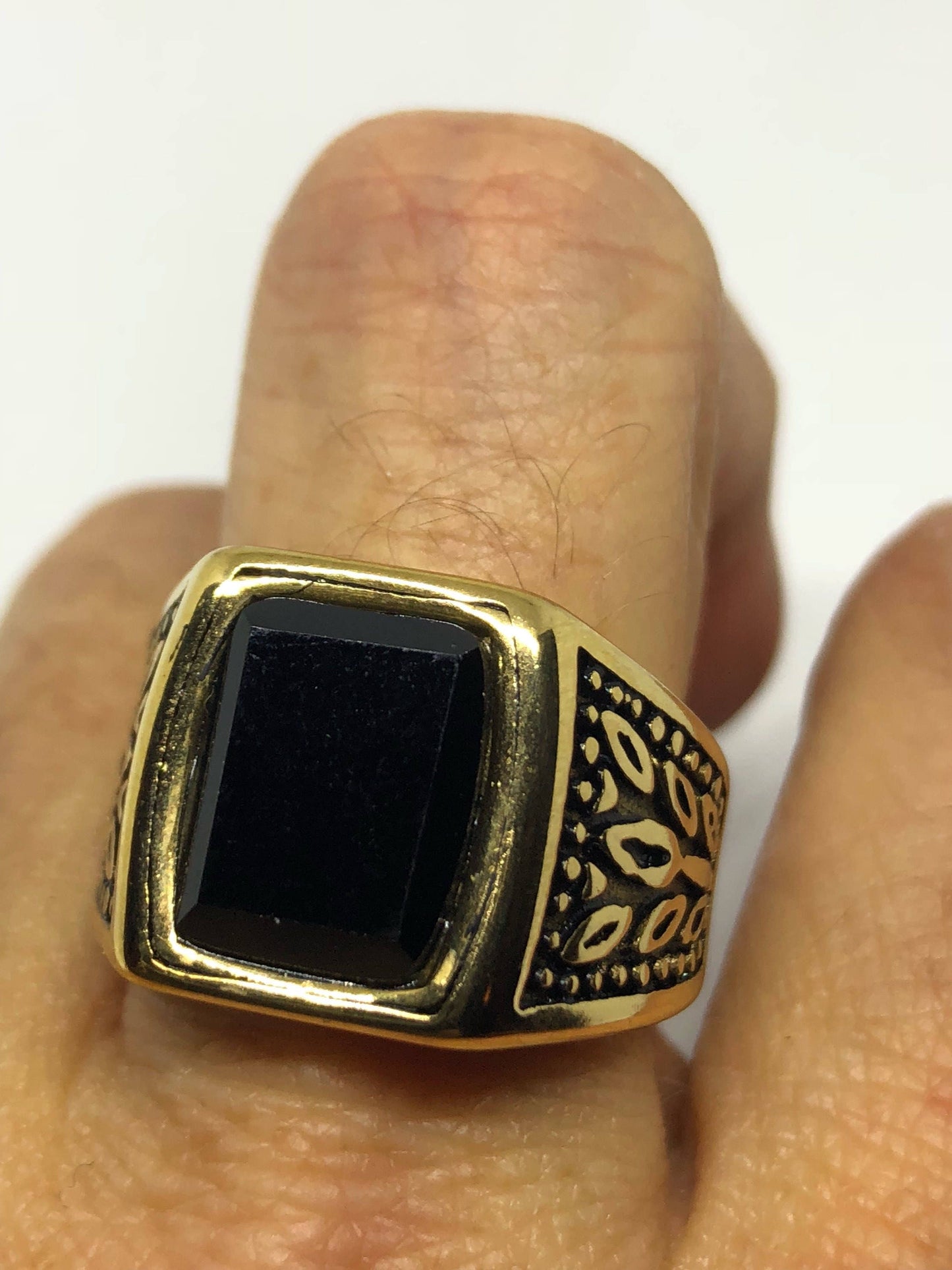 Vintage Gothic Golden Finished Stainless Steel Black Onyx Mens Ring