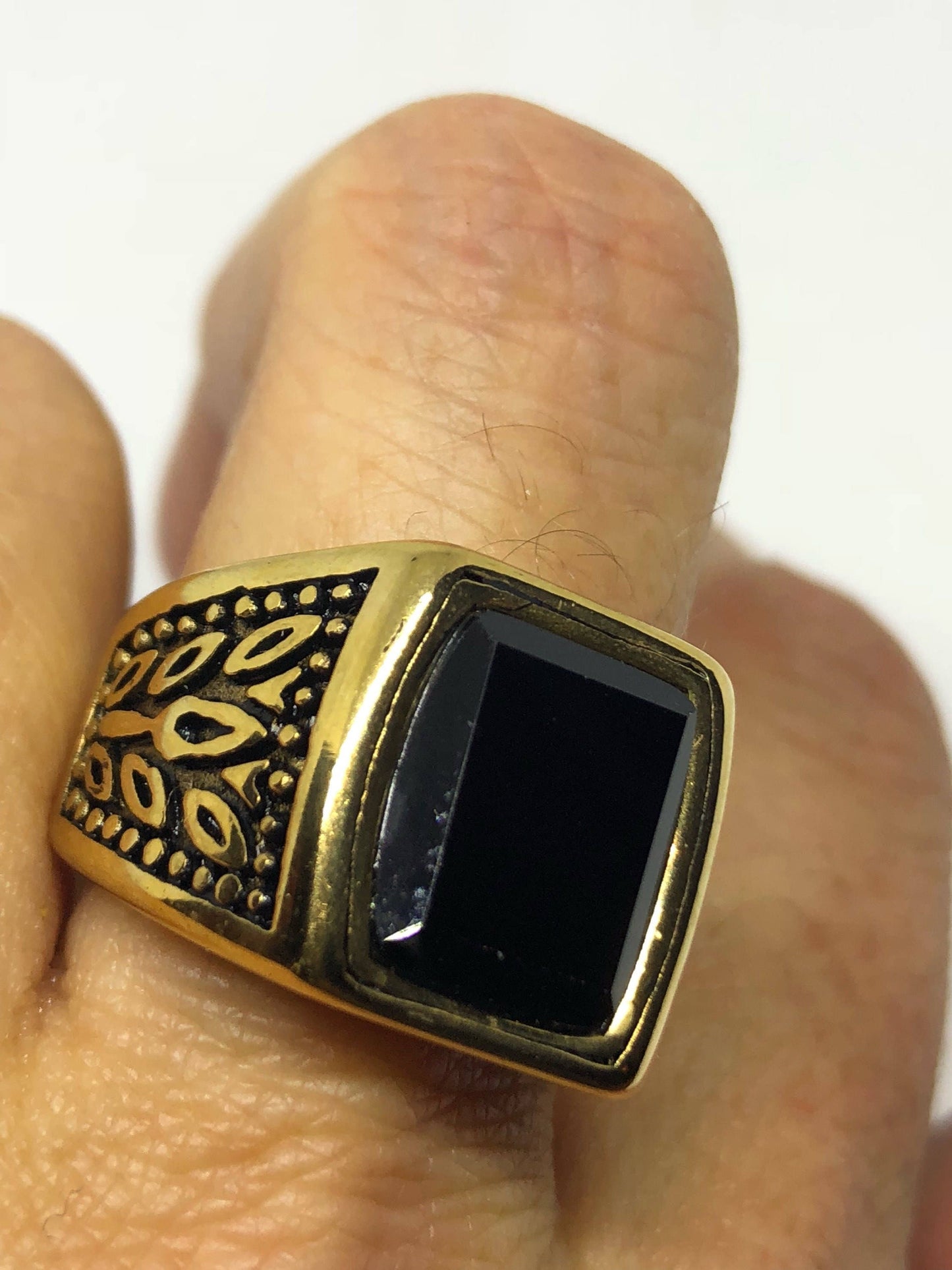 Vintage Gothic Golden Finished Stainless Steel Black Onyx Mens Ring