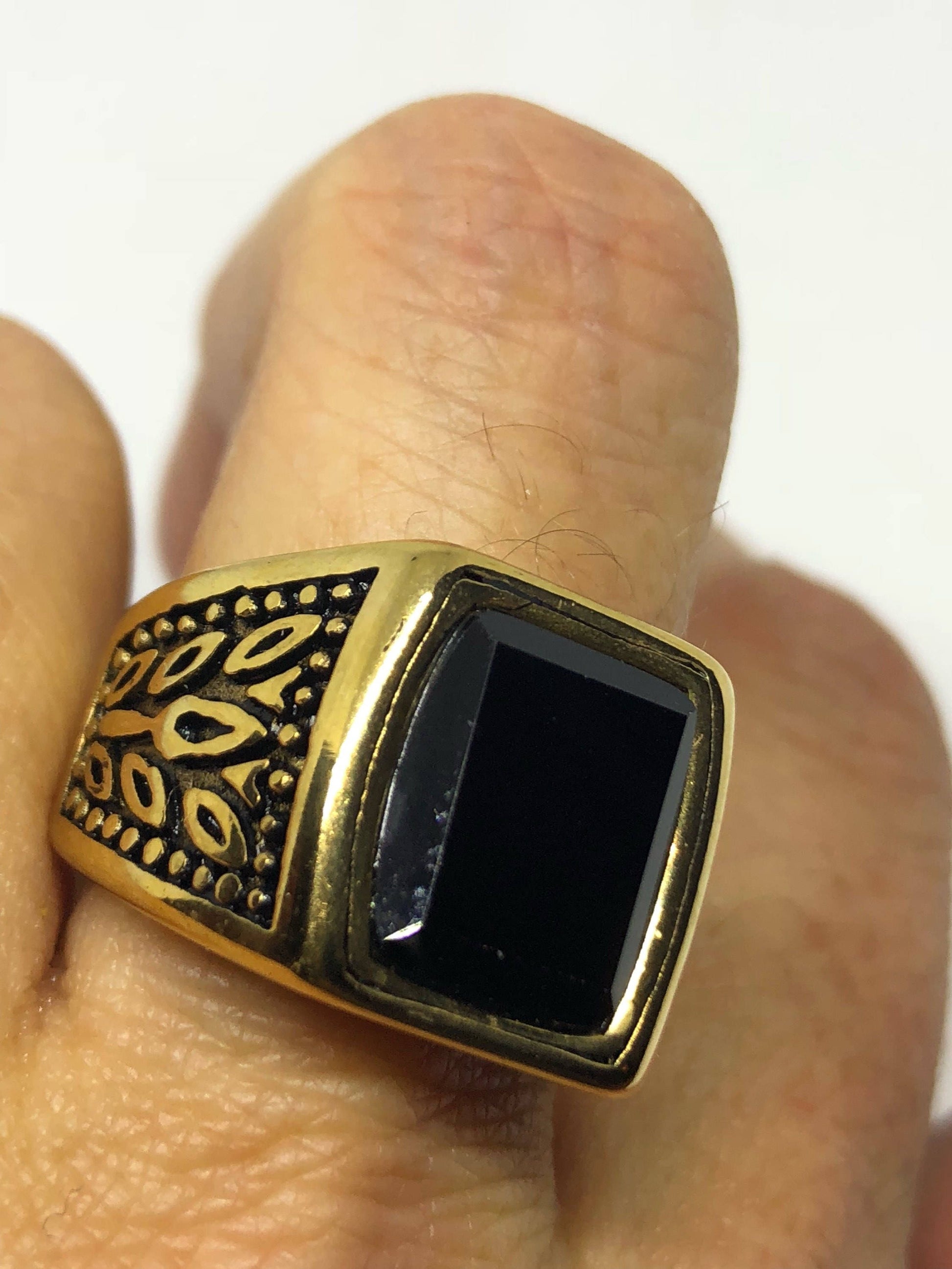 Vintage Gothic Golden Finished Stainless Steel Black Onyx Mens Ring