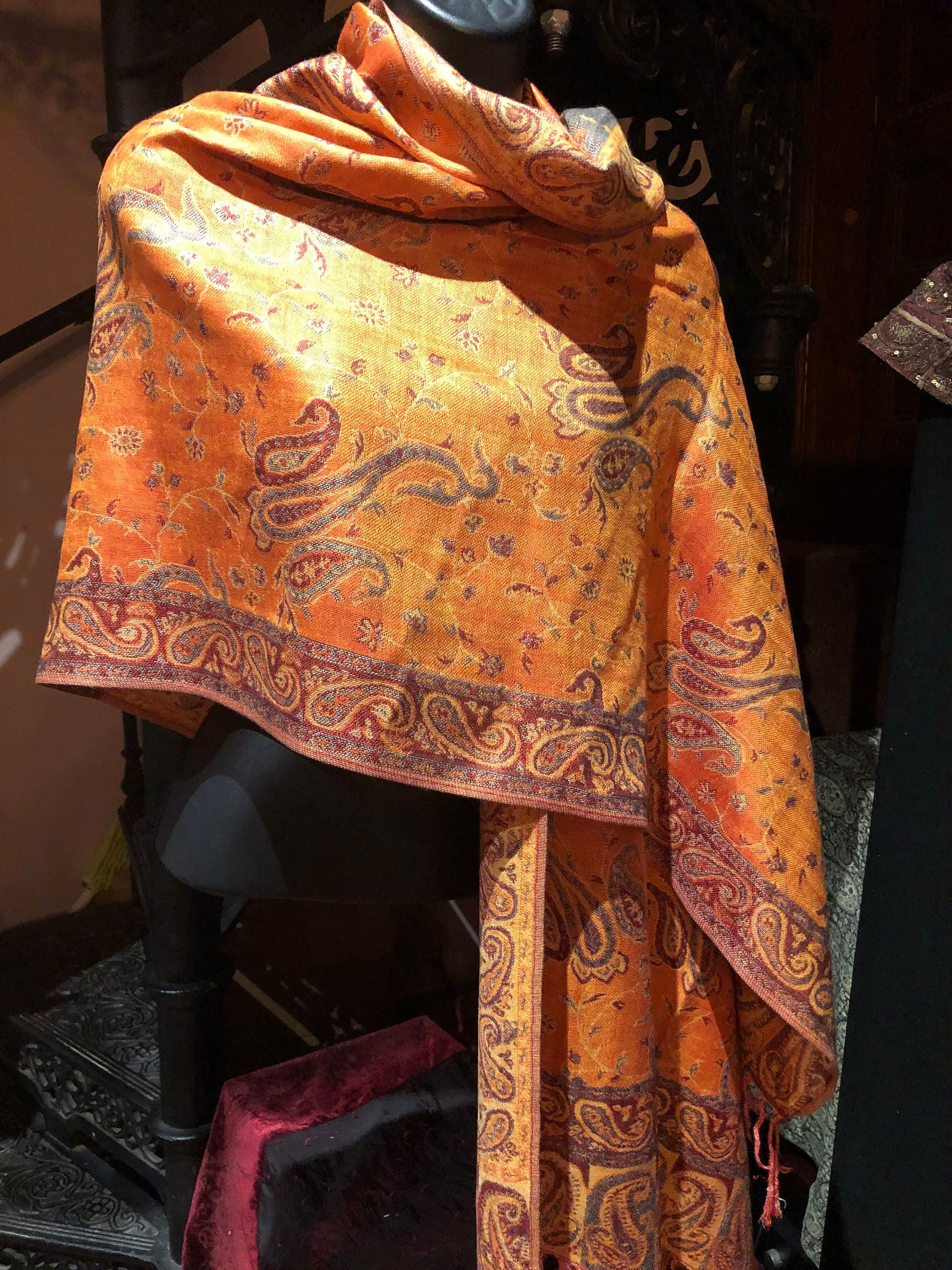 Vintage Orange Burgundy Paisley Brocade Pashmina Scarf Wrap