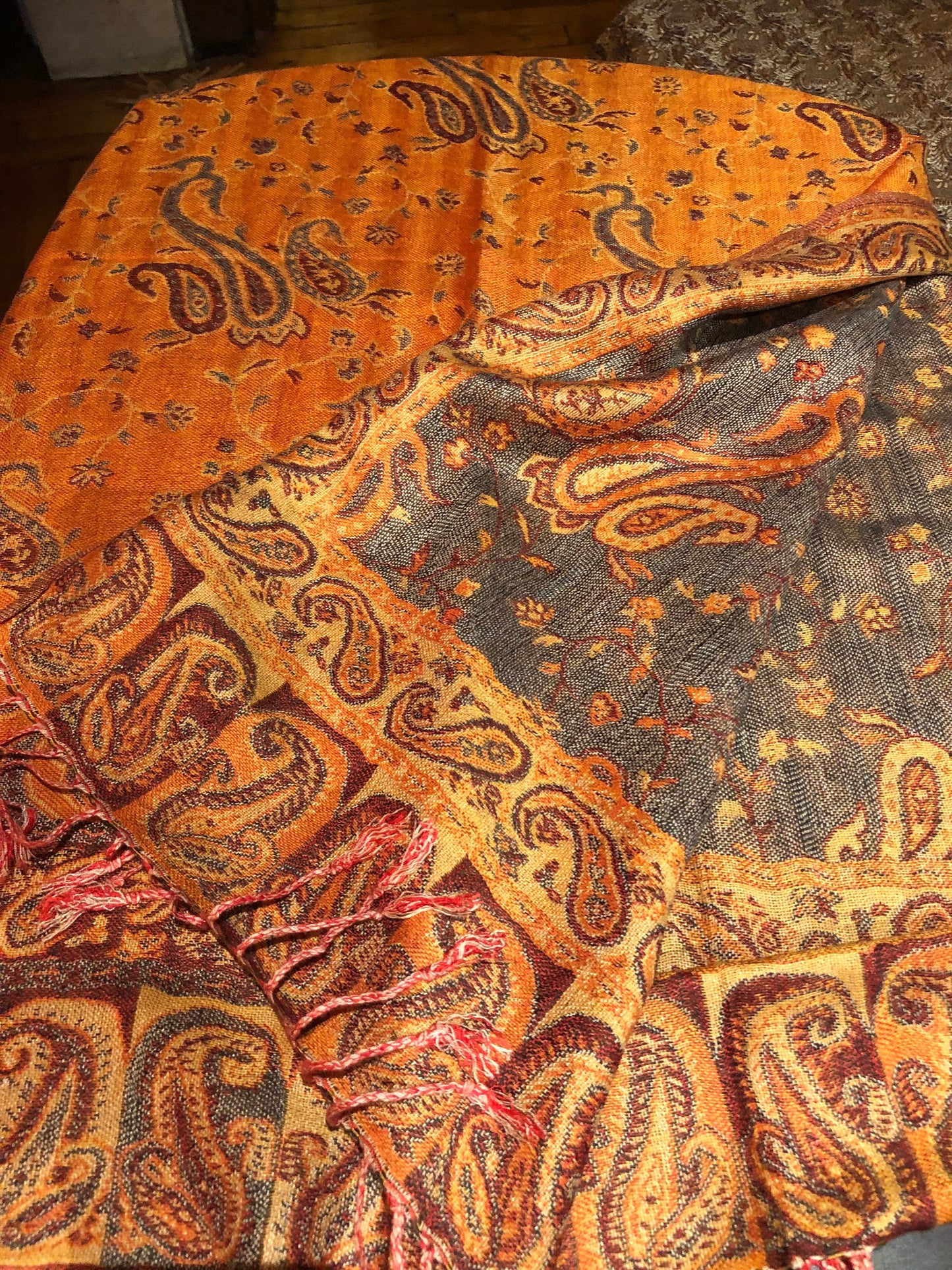 Vintage Orange Burgundy Paisley Brocade Pashmina Scarf Wrap