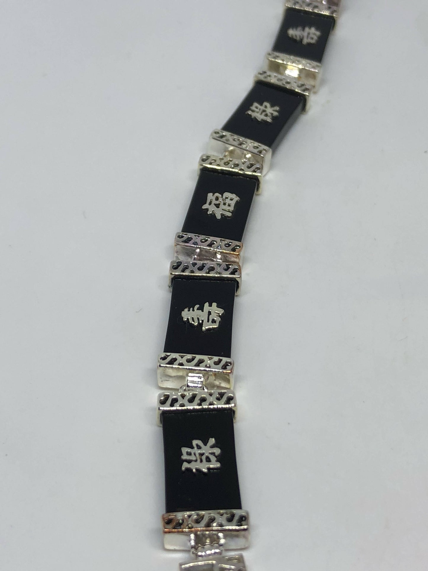 Vintage Hand Made 925% Sterling Silver Crystal Filligree Black Jet Onyx Cinese Lucky Bracelet