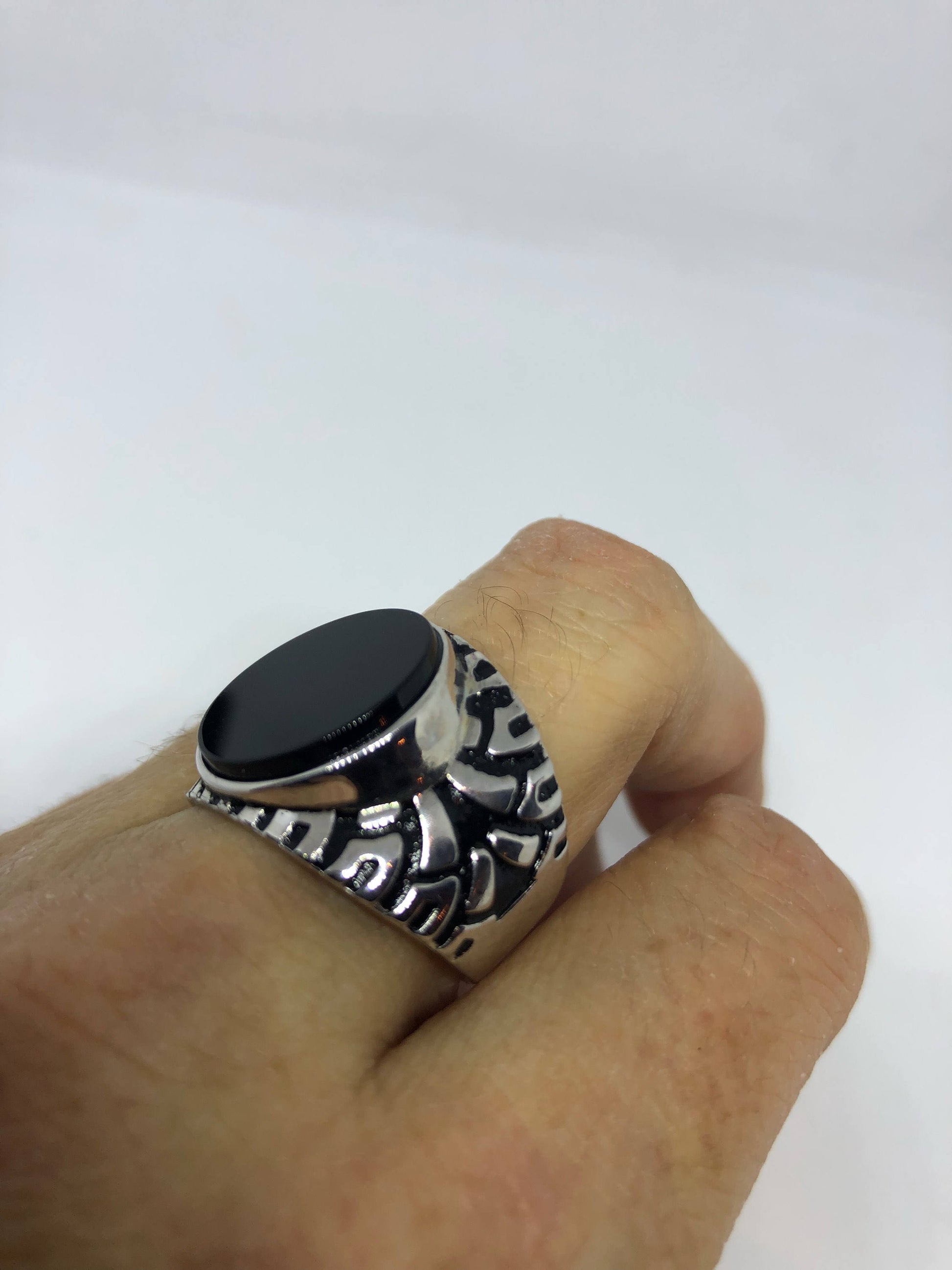 Vintage Onyx Mens Ring 925 Sterling Silver Gothic Genuine Black Onyx