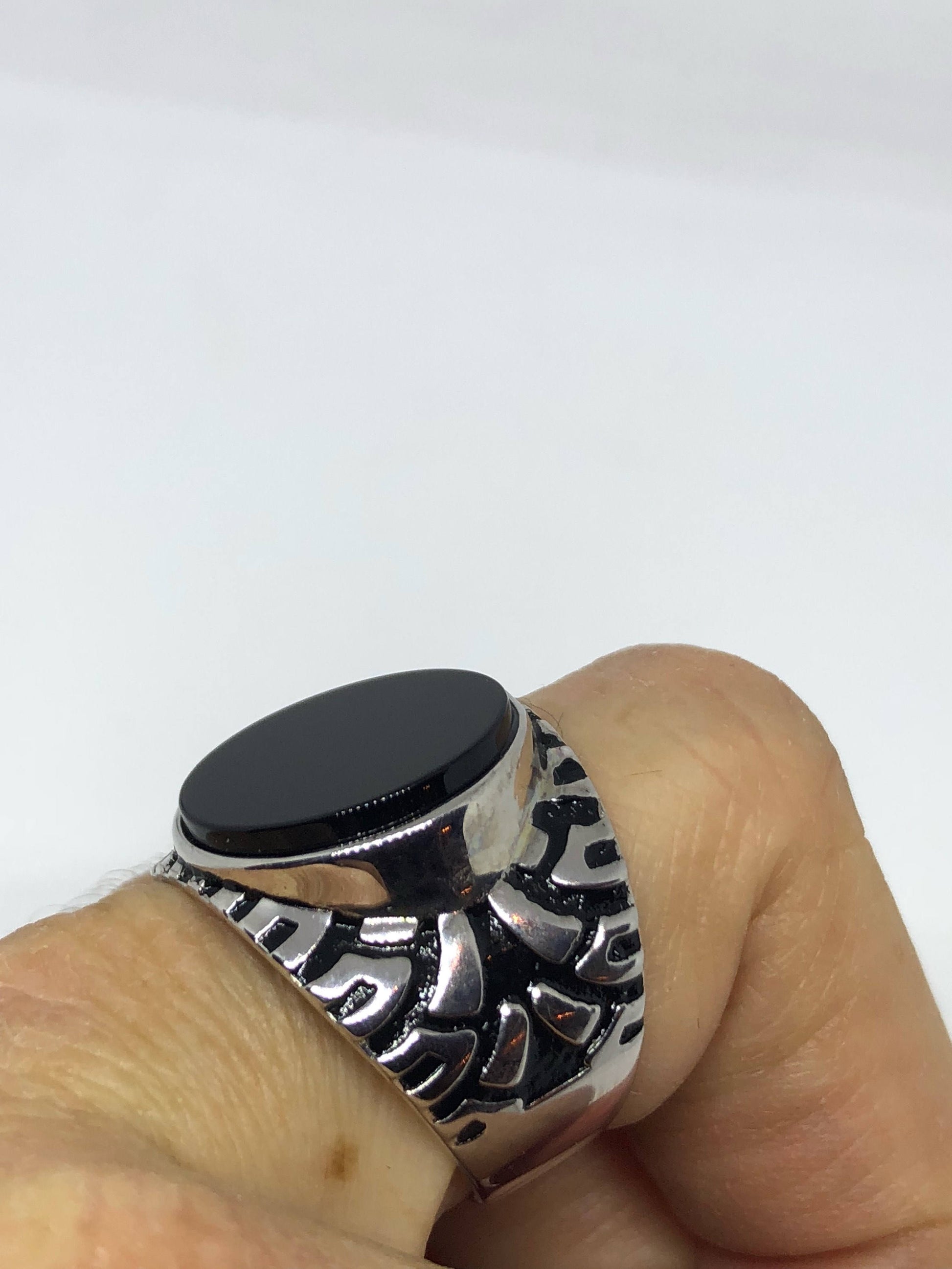 Vintage Onyx Mens Ring 925 Sterling Silver Gothic Genuine Black Onyx