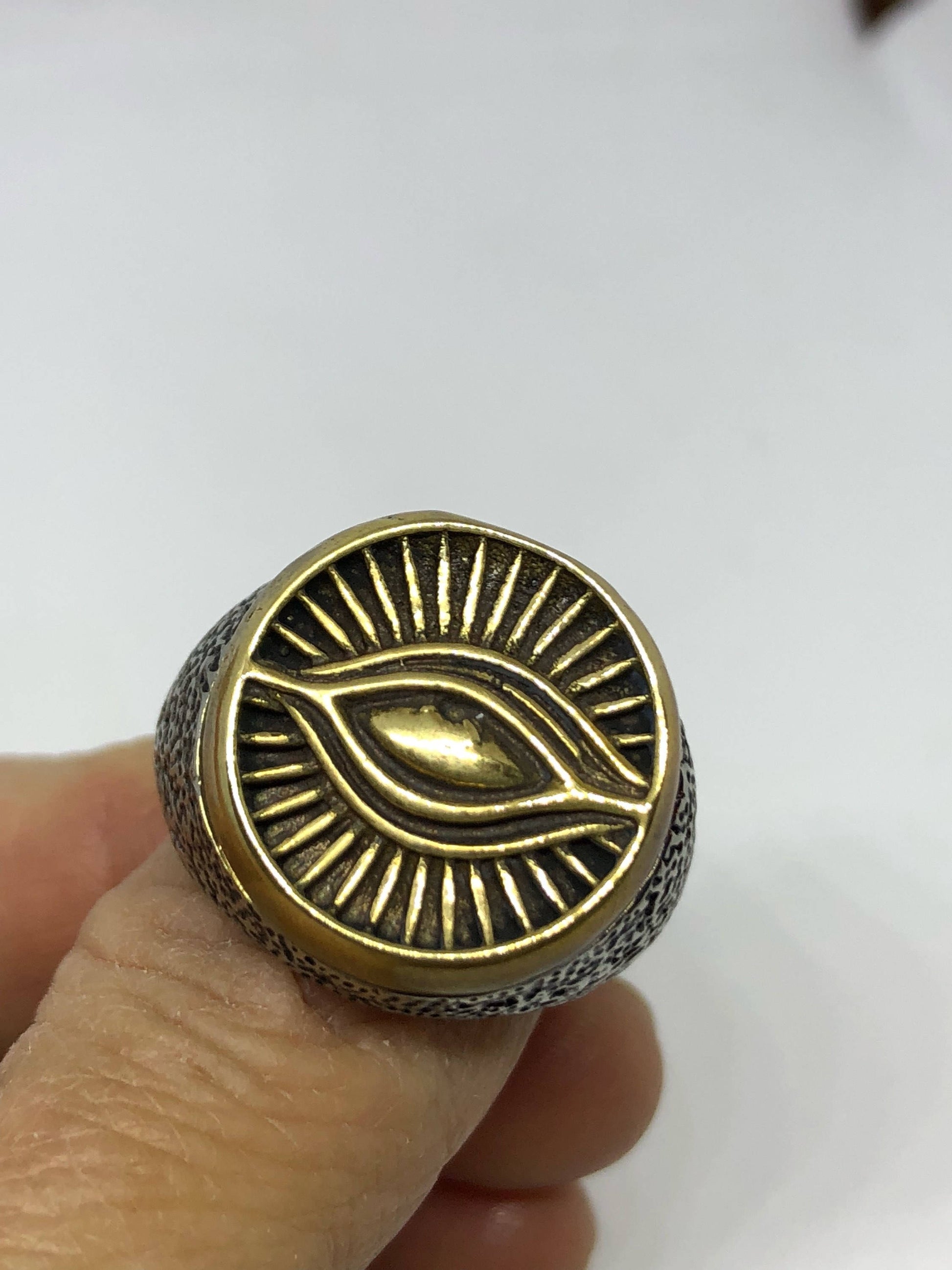 Vintage Gothic Gild and Silver Stainless Steel Illuminati Eye Mens Ring