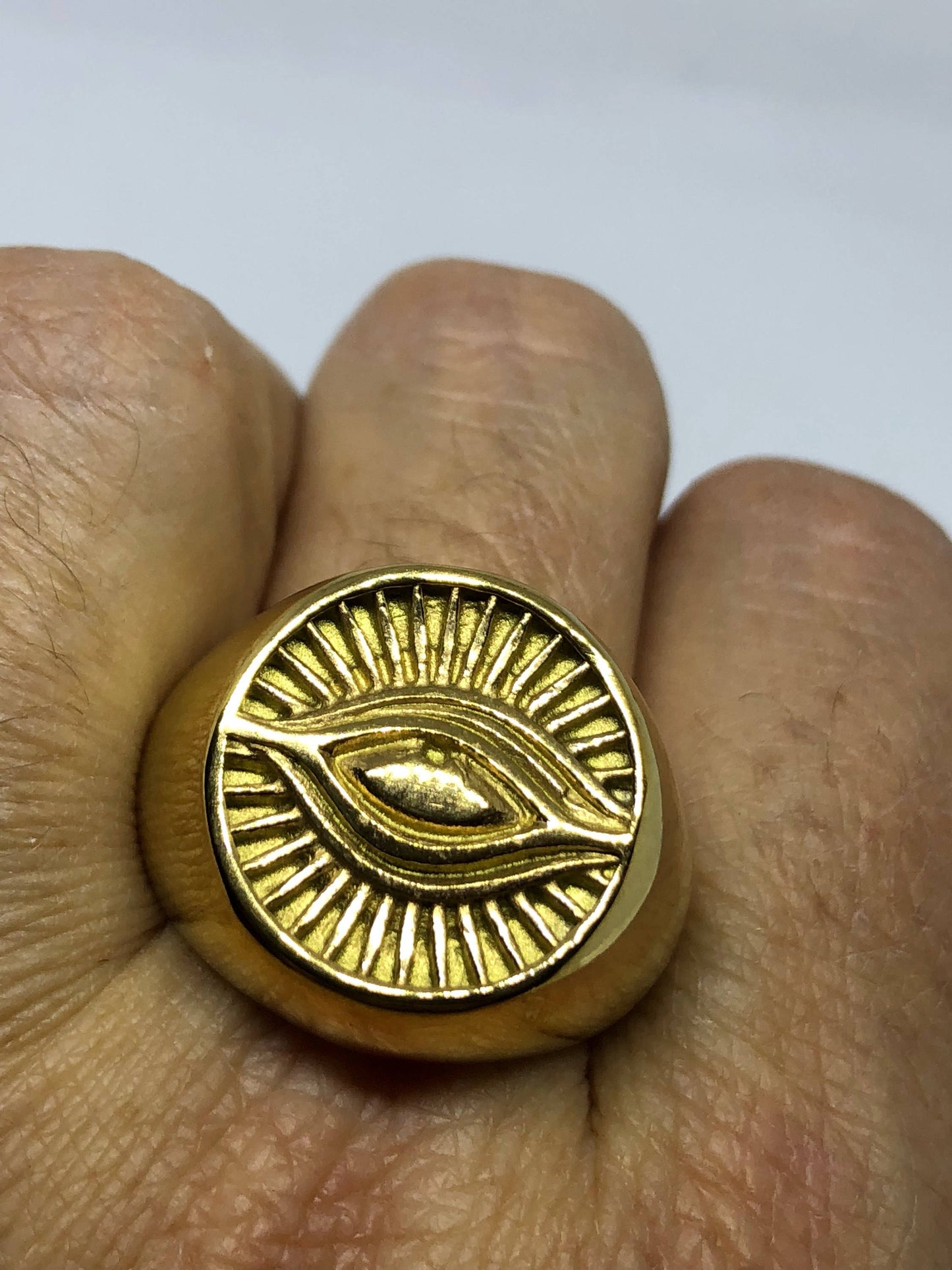 Vintage Gothic Gilded Gold Stainless Steel Illuminati Eye Mens Ring