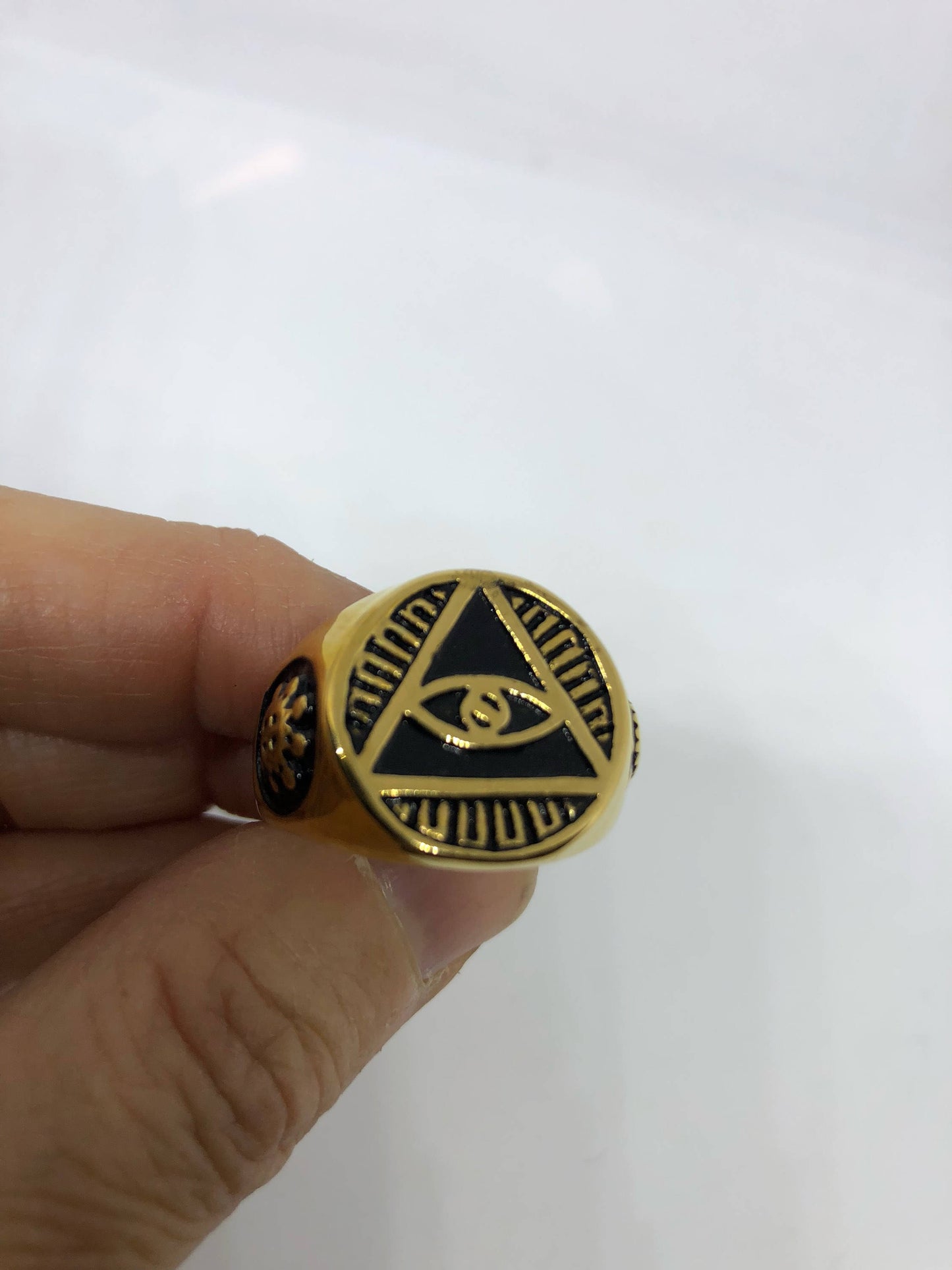 Vintage Gothic Golden Stainless Steel Illuminati Eye Pyramid Men Ring