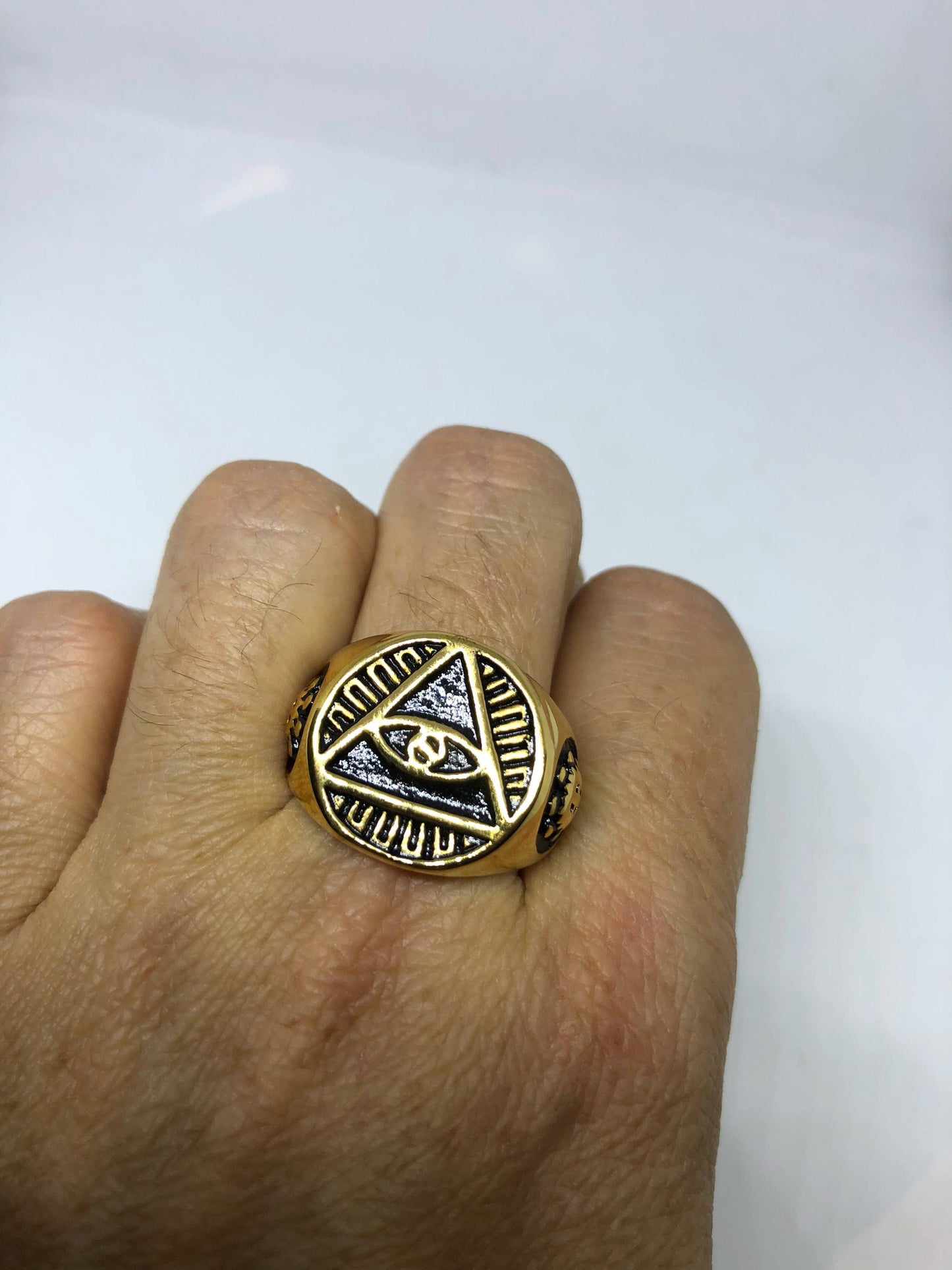 Vintage Gothic Golden Stainless Steel Illuminati Eye Pyramid Men Ring