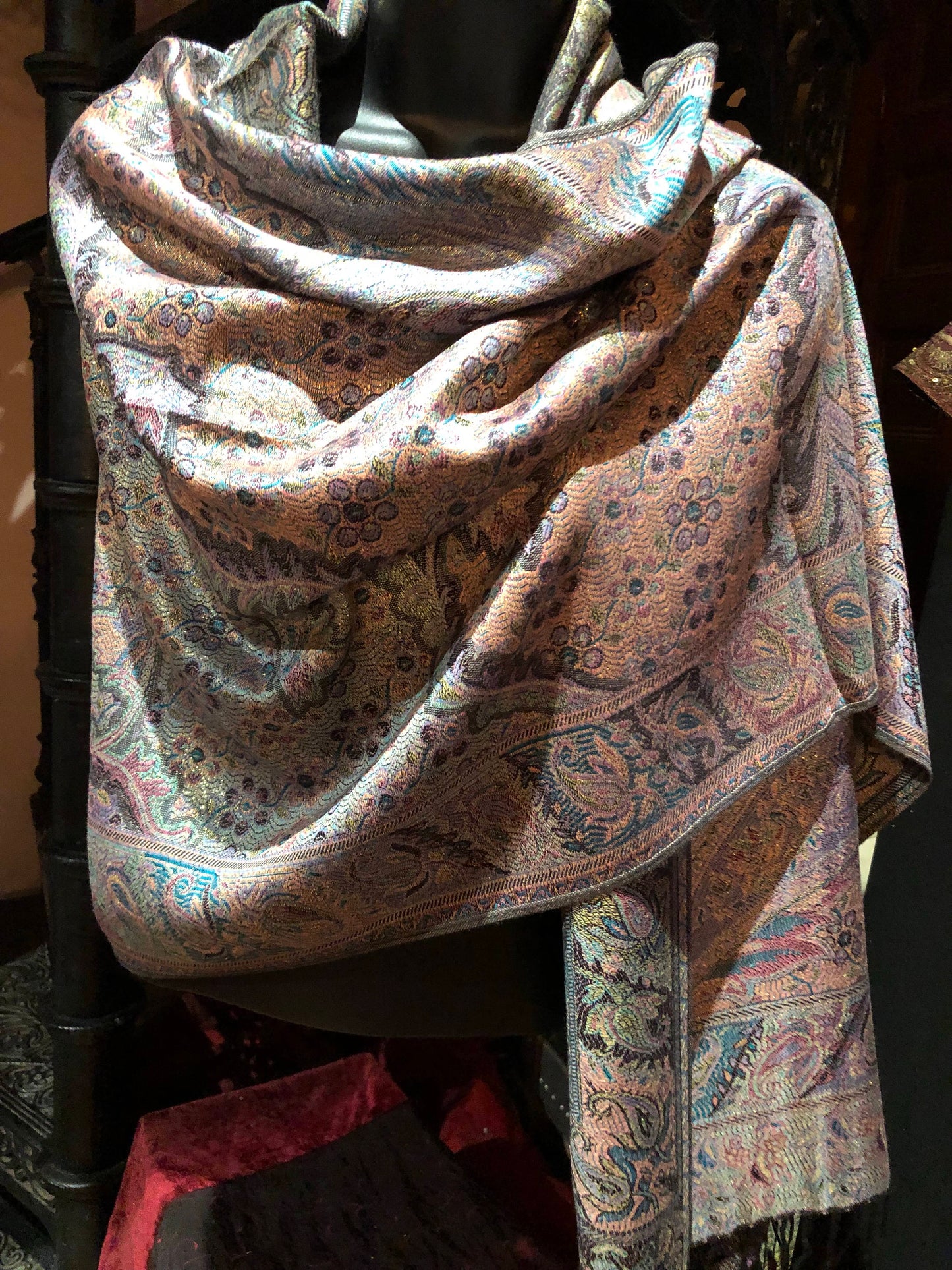 Vintage Pastel Golden Paisley Brocade Pashmina Scarf Wrap Shawl