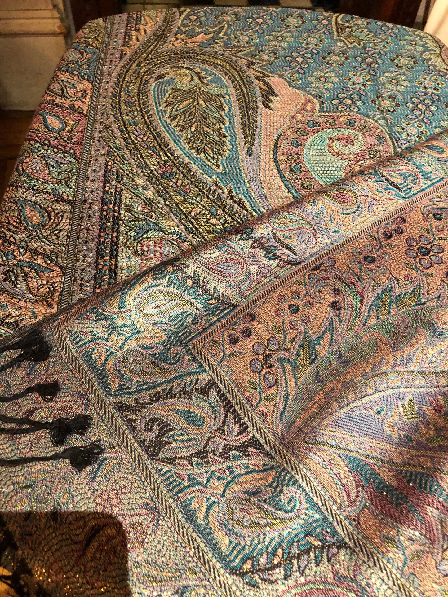 Vintage Pastel Golden Paisley Brocade Pashmina Scarf Wrap Shawl