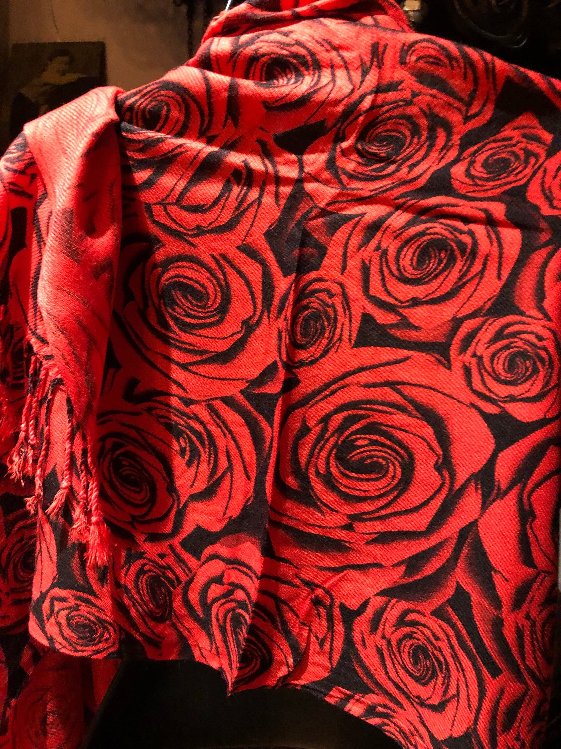 Vintage Valentine Red Black Rose Pashmina Wrap Shawl Scarf