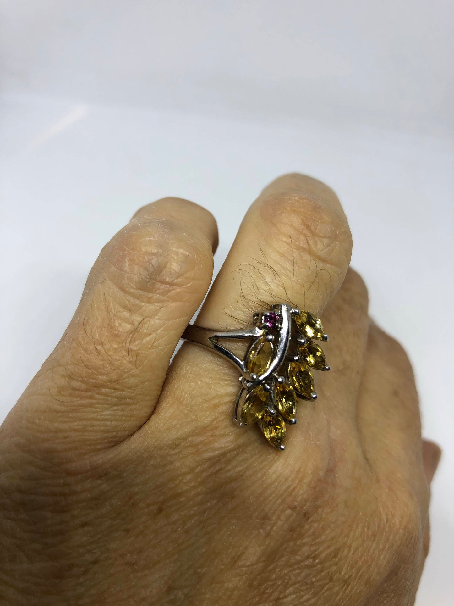 Vintage Gothic Golden Citrine and Red Garnet 925 Sterling Silver Ring