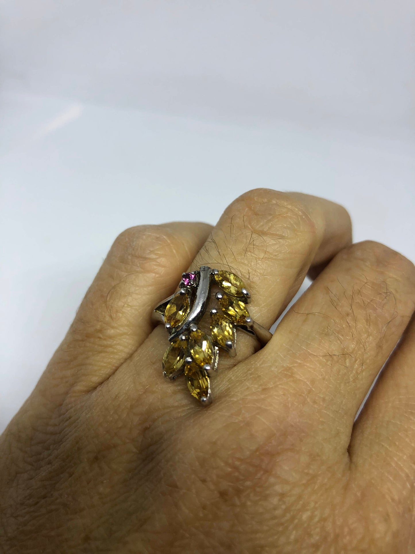 Vintage Gothic Golden Citrine and Red Garnet 925 Sterling Silver Ring