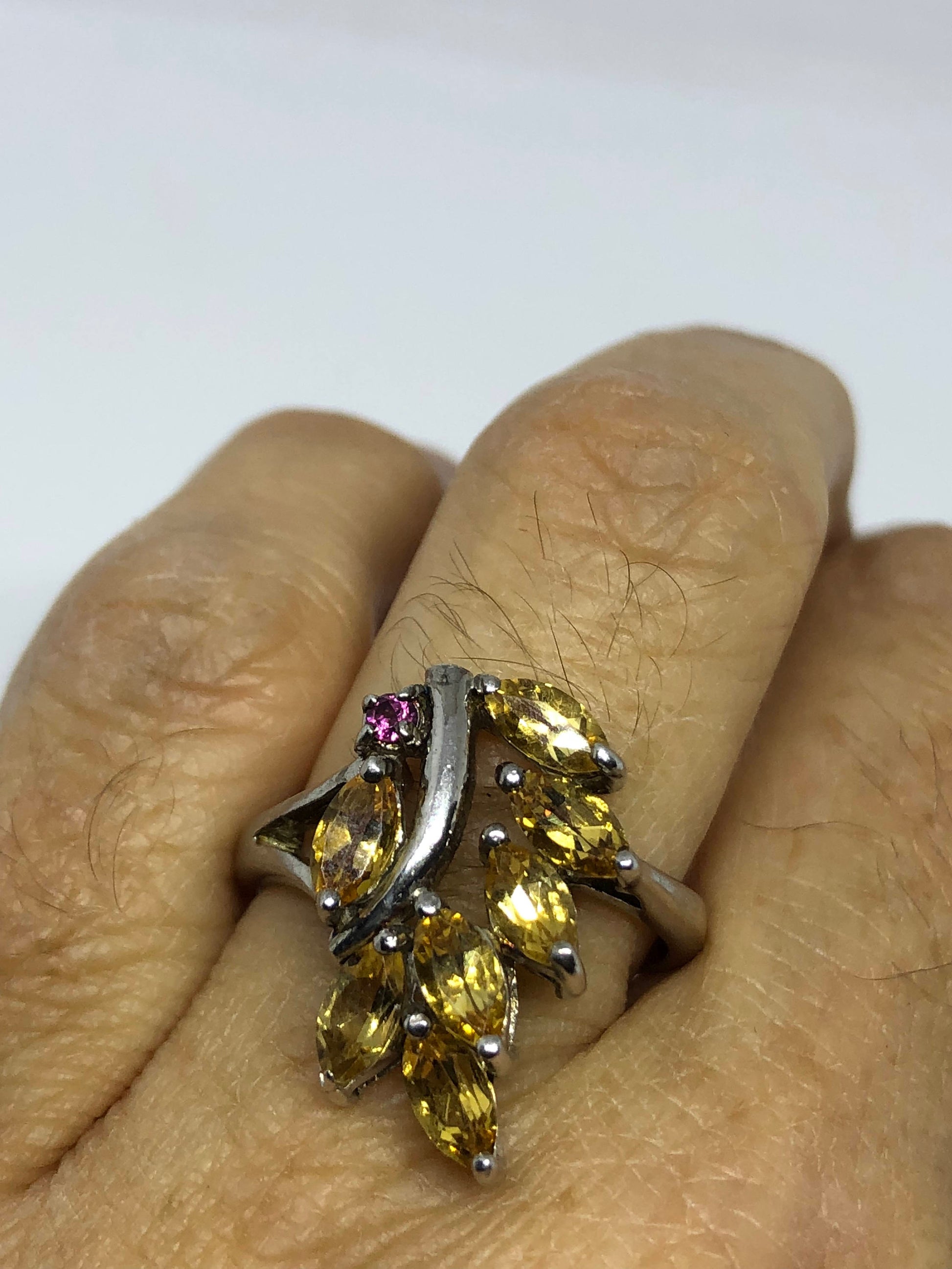 Vintage Gothic Golden Citrine and Red Garnet 925 Sterling Silver Ring