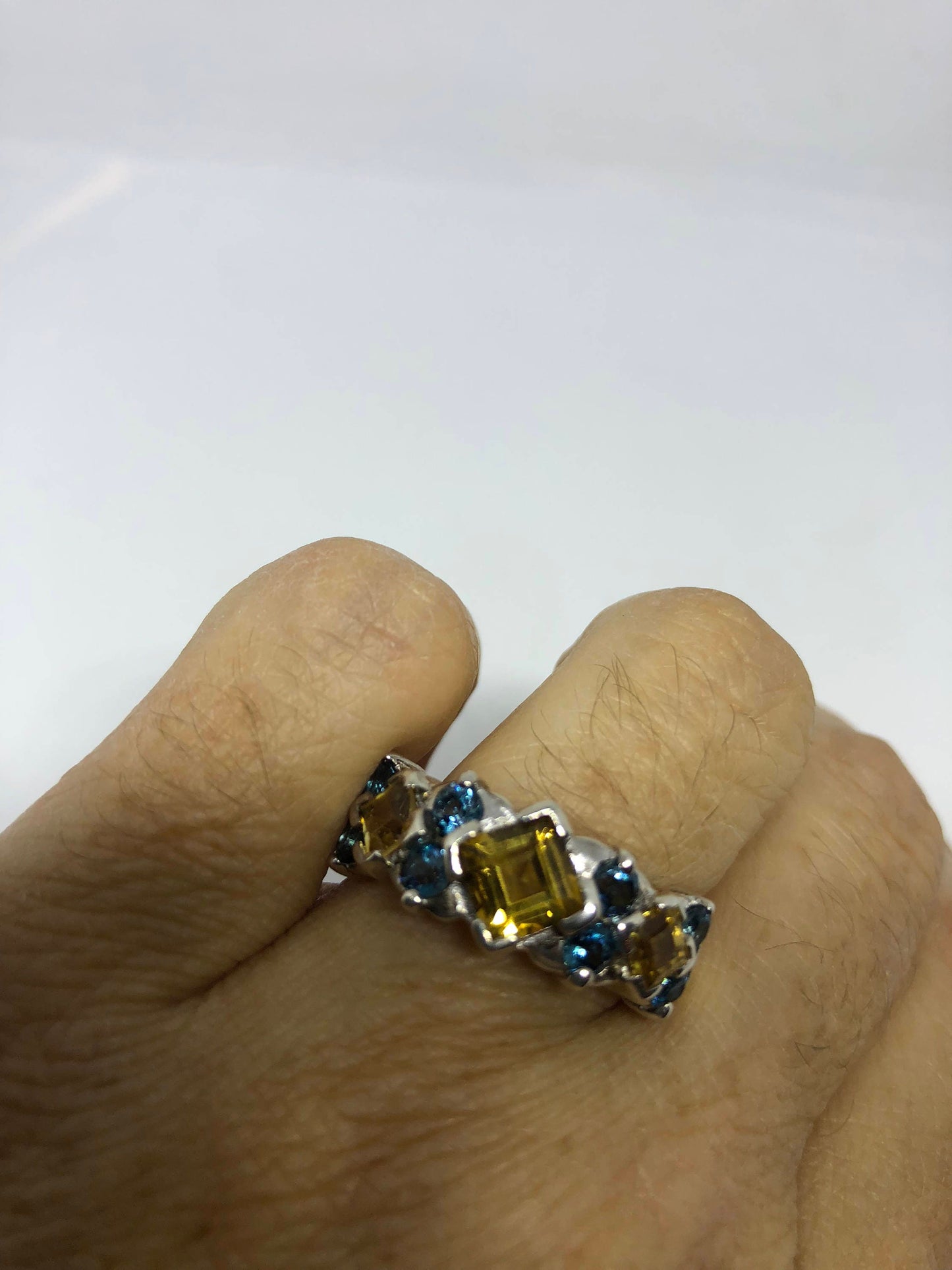 Vintage Gothic Golden Citrine and Blue Tanzanite 925 Sterling Silver Ring