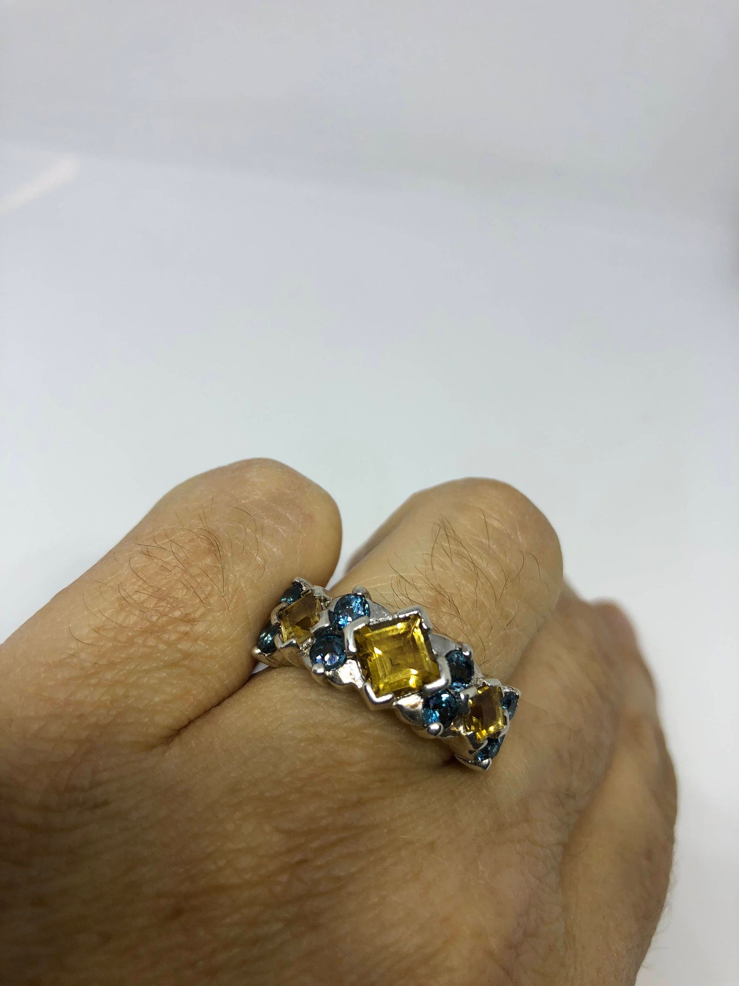 Vintage Gothic Golden Citrine and Blue Tanzanite 925 Sterling Silver Ring