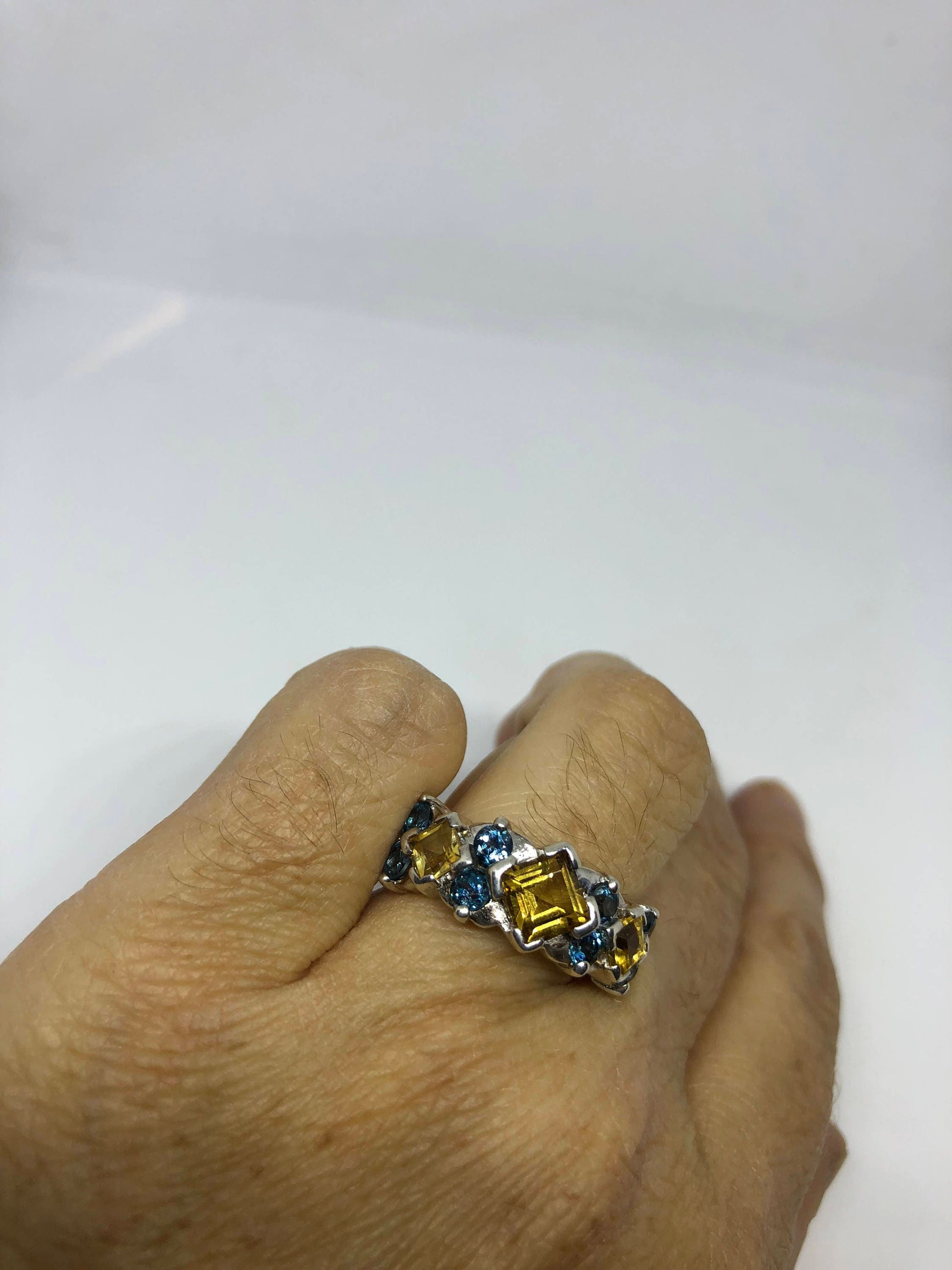 Vintage Gothic Golden Citrine and Blue Tanzanite 925 Sterling Silver Ring