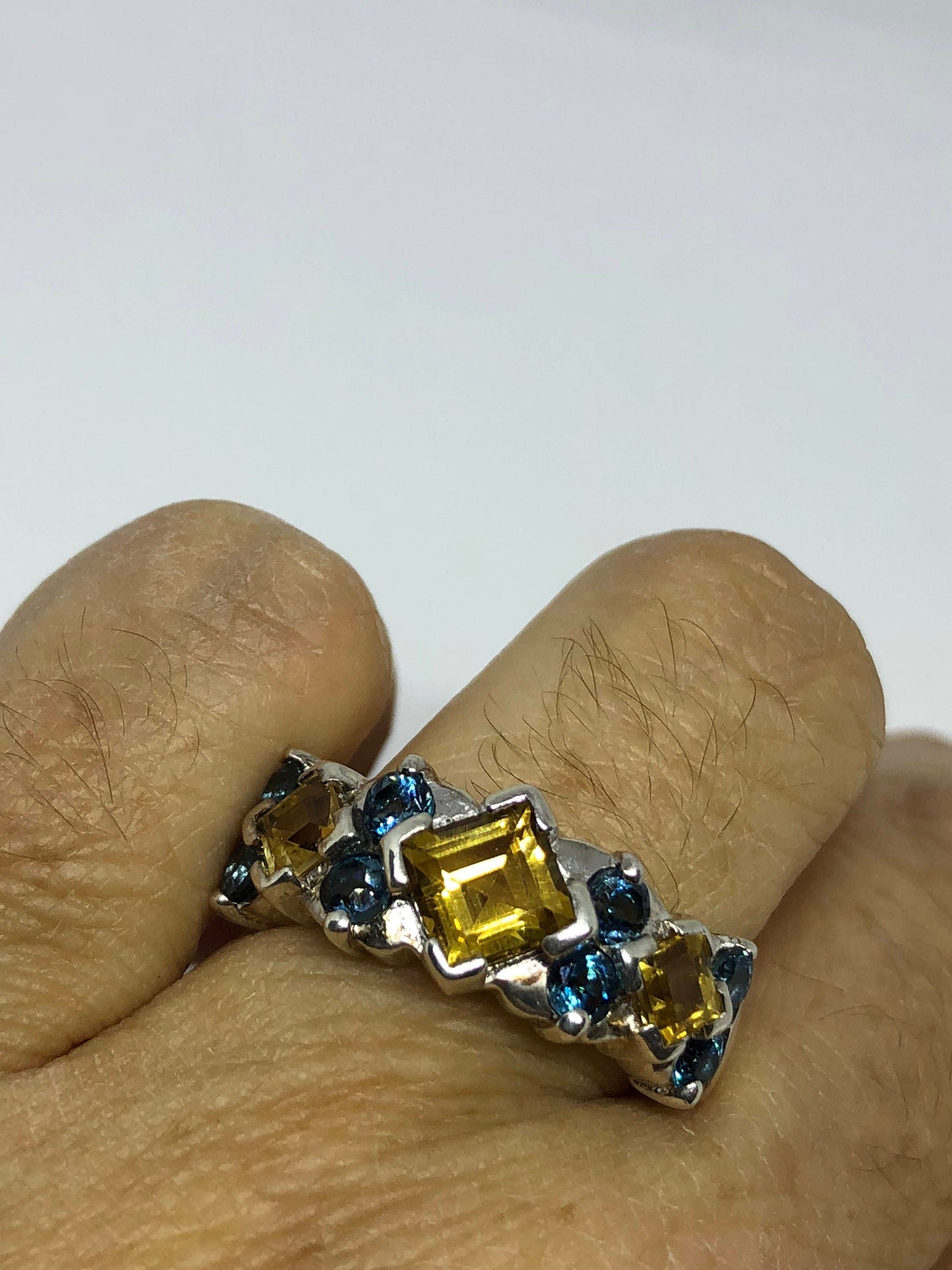 Vintage Gothic Golden Citrine and Blue Tanzanite 925 Sterling Silver Ring