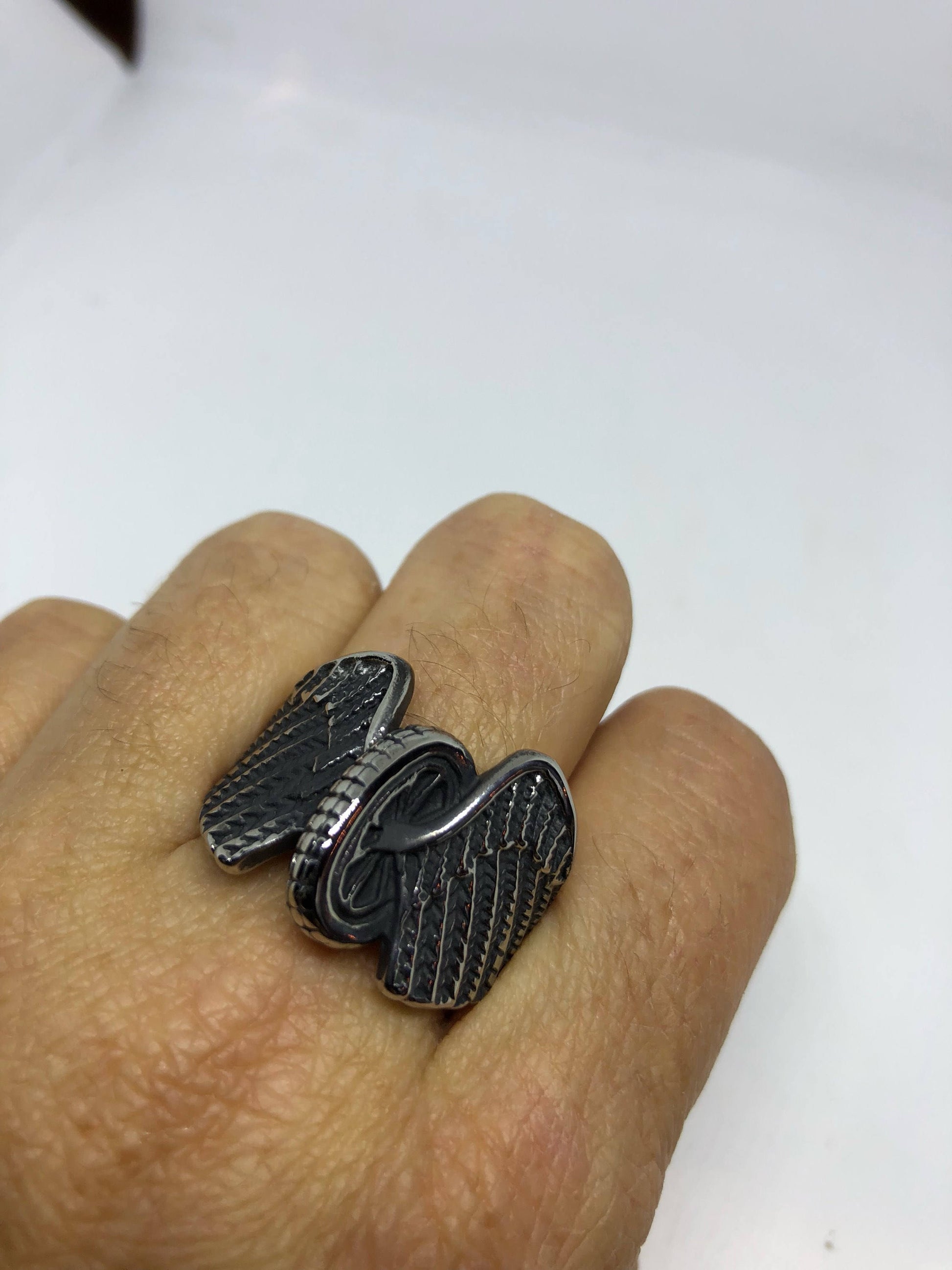 Vintage Gothic Stainless Steel winged Biker Tire Mens Ring
