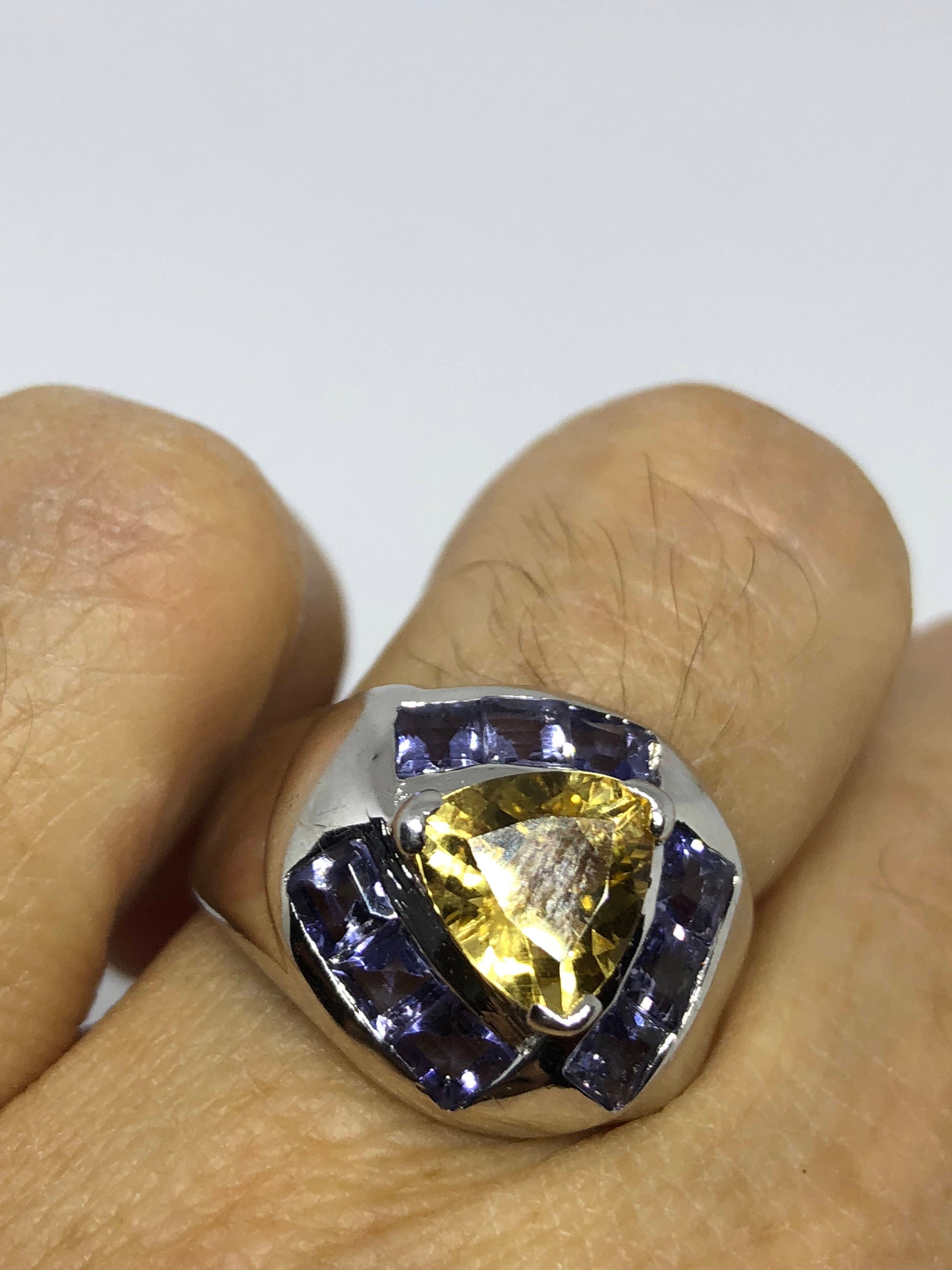 Vintage Gothic Golden Citrine and Blue Tanzanite 925 Sterling Silver Ring