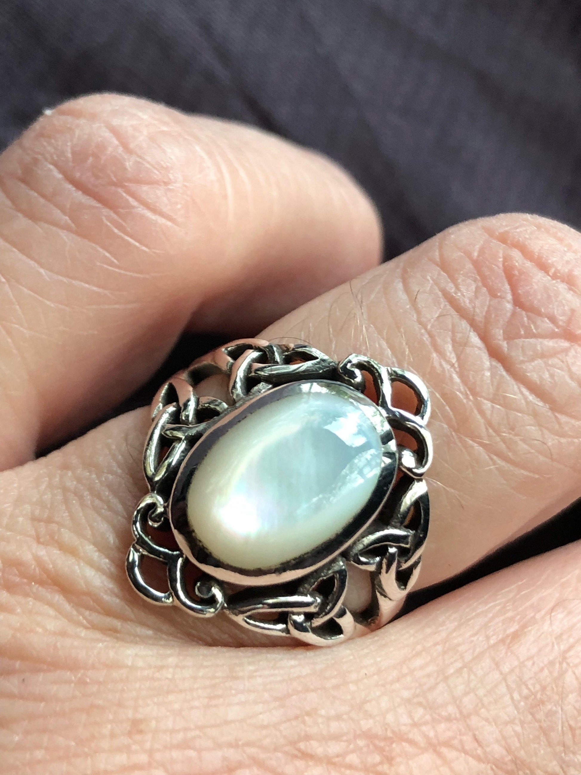 Antique White Mother of Pearl Filigree Sterling Silver Ring