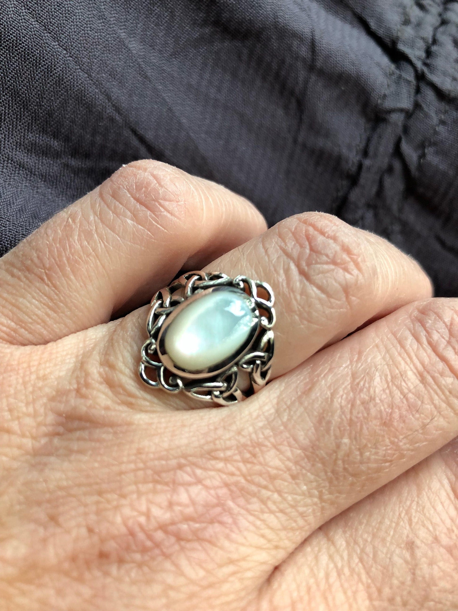 Antique White Mother of Pearl Filigree Sterling Silver Ring