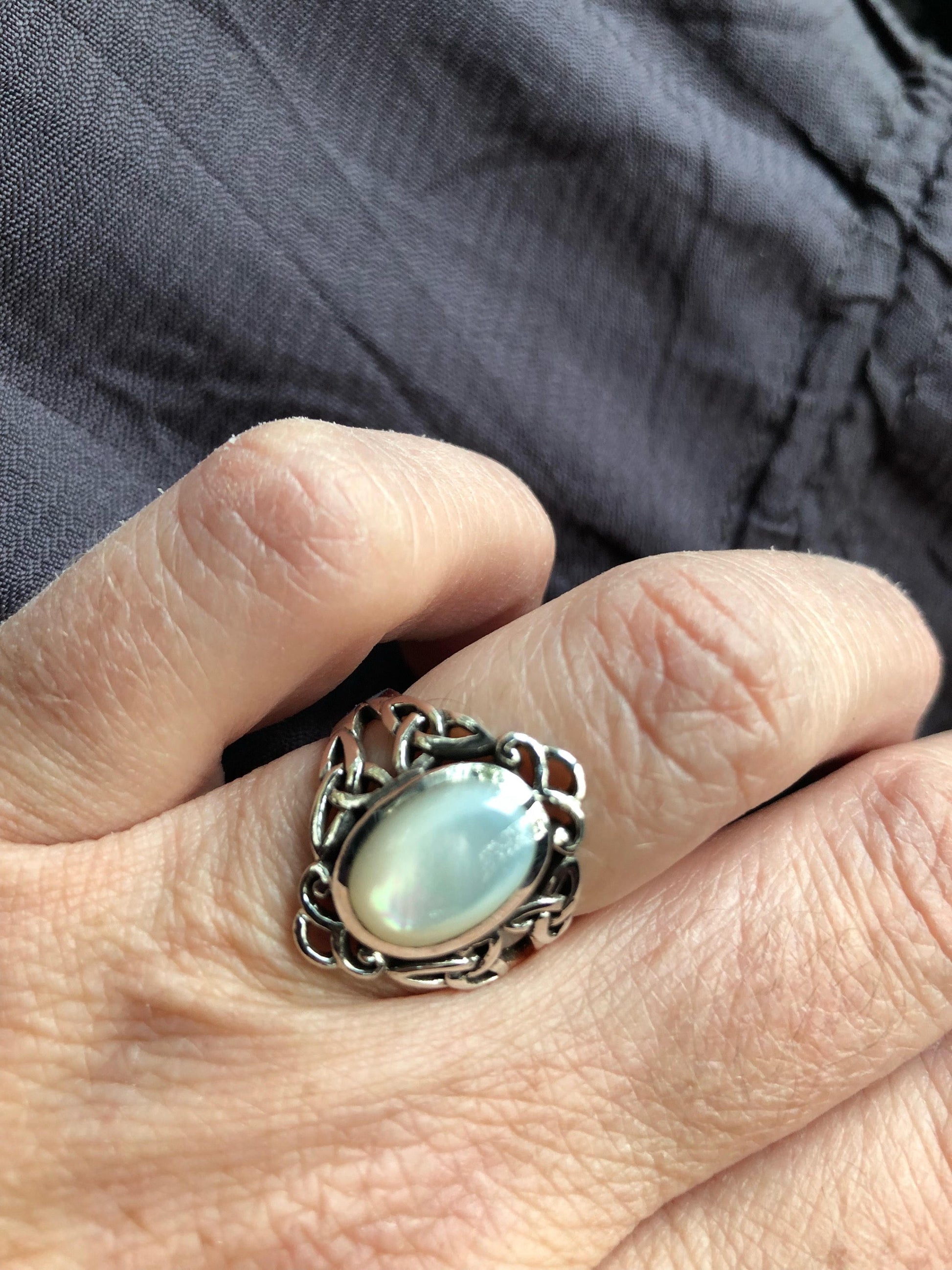 Antique White Mother of Pearl Filigree Sterling Silver Ring