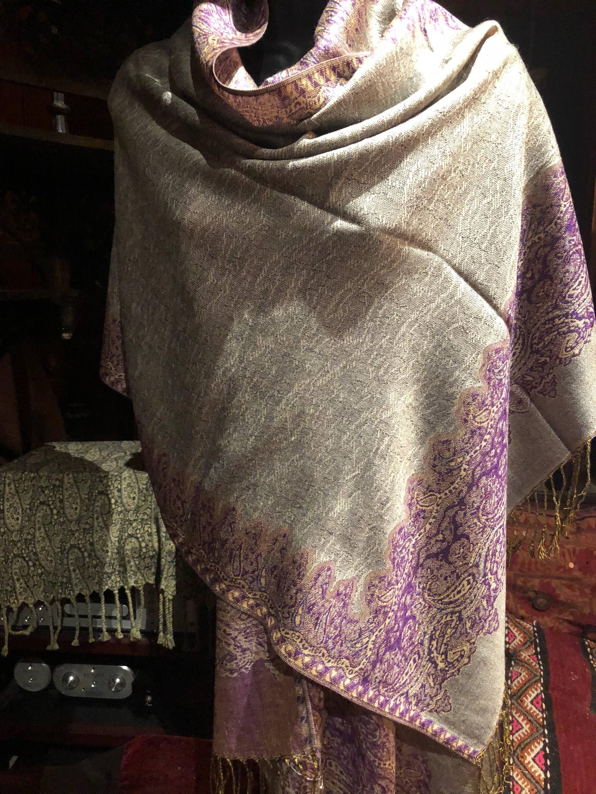 Vintage Gray Purple Paisley Brocade Pashmina Scarf Wrap Shawl