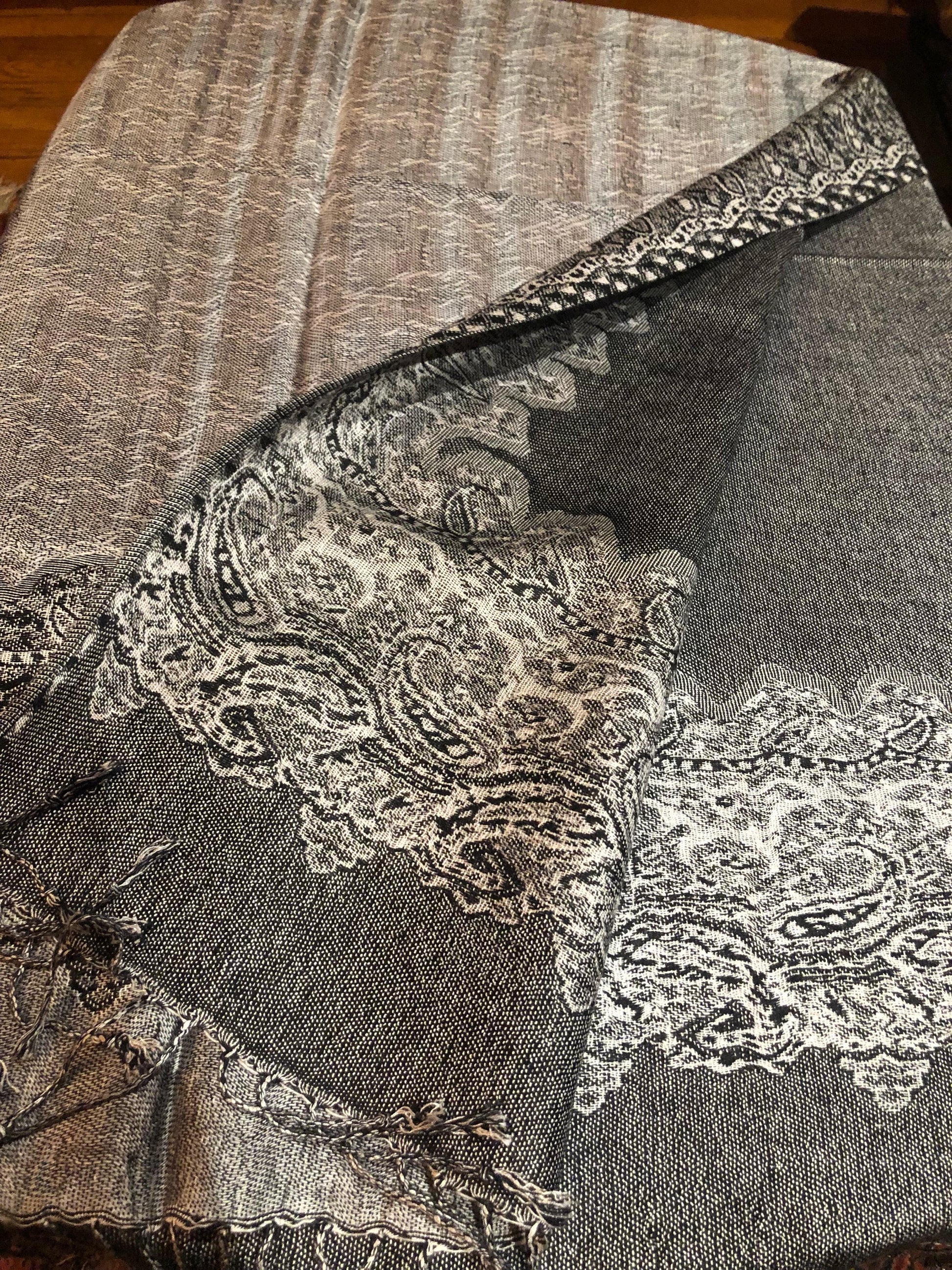 Vintage Gray Paisley Brocade Pashmina Scarf Wrap Shawl