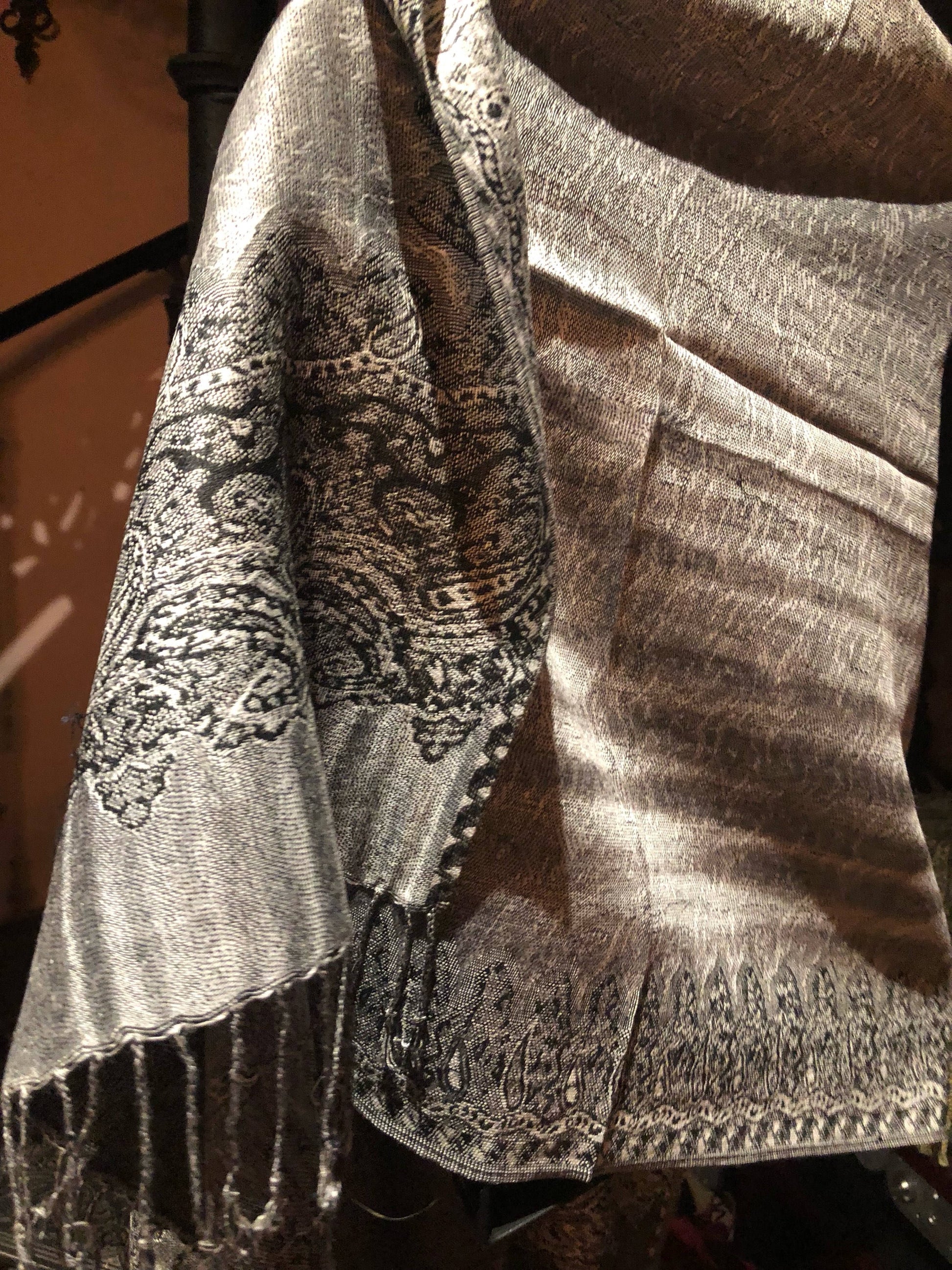 Vintage Gray Paisley Brocade Pashmina Scarf Wrap Shawl