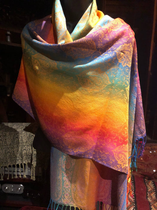 Vintage Rainbow Paisley Brocade Pashmina Scarf Wrap Shawl