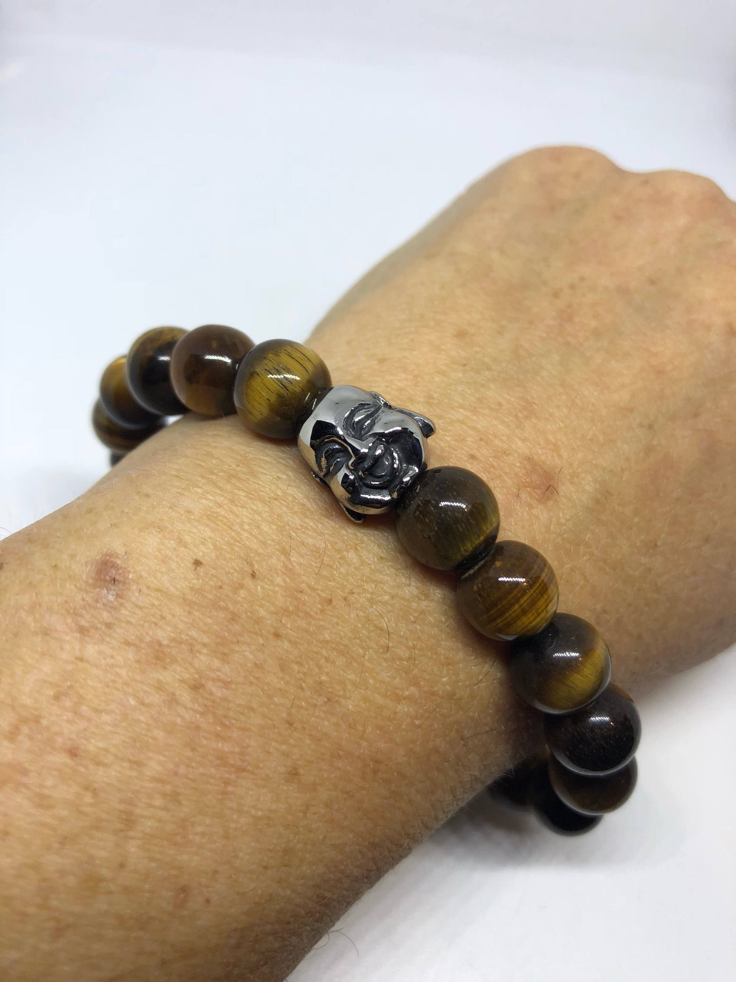 Vintage Style Unisex Mens tigers eye Stretch Skull Bracelet