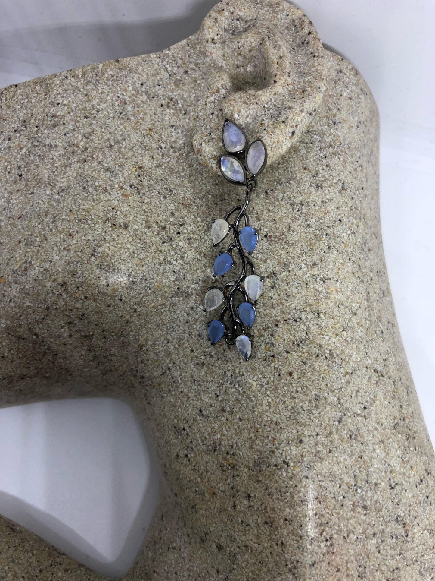 Vintage Genuine Blue Chalcedony Rainbow Moonstone Sterling Silver Chandelier Earrings