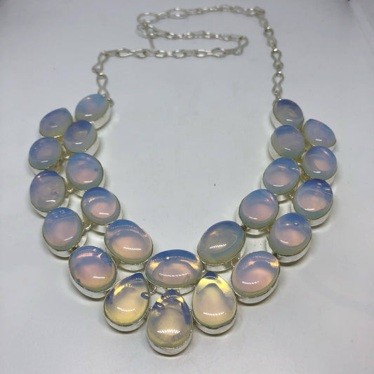 Vintage Opal milk glsss Silver collar Necklace Choker