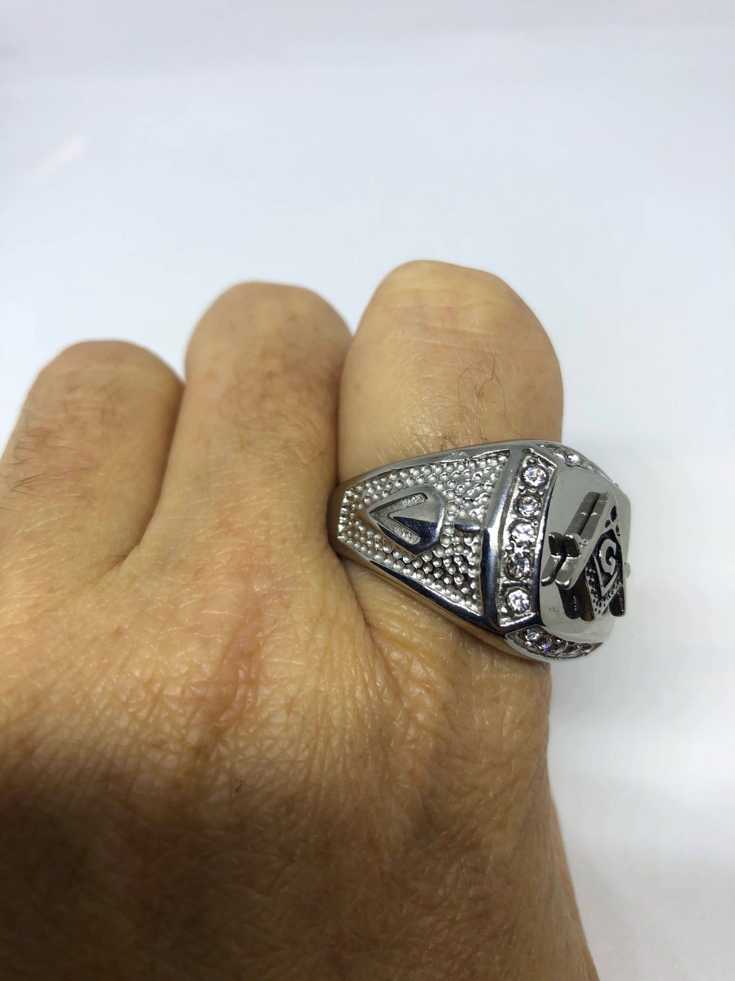 Vintage Gothic Silver Stainless Steel Free Mason G Mens Ring