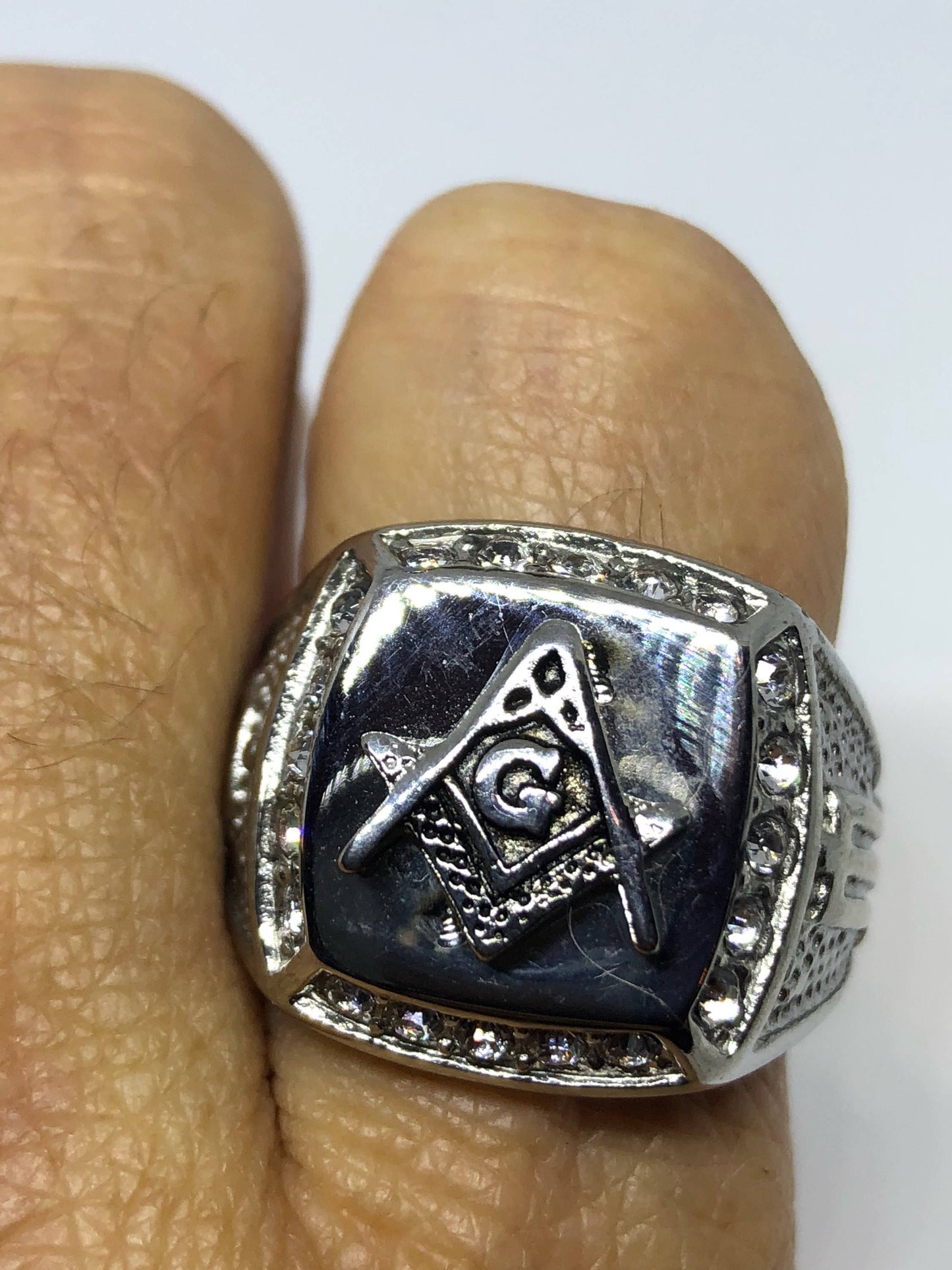 Vintage Gothic Silver Stainless Steel Free Mason G Mens Ring