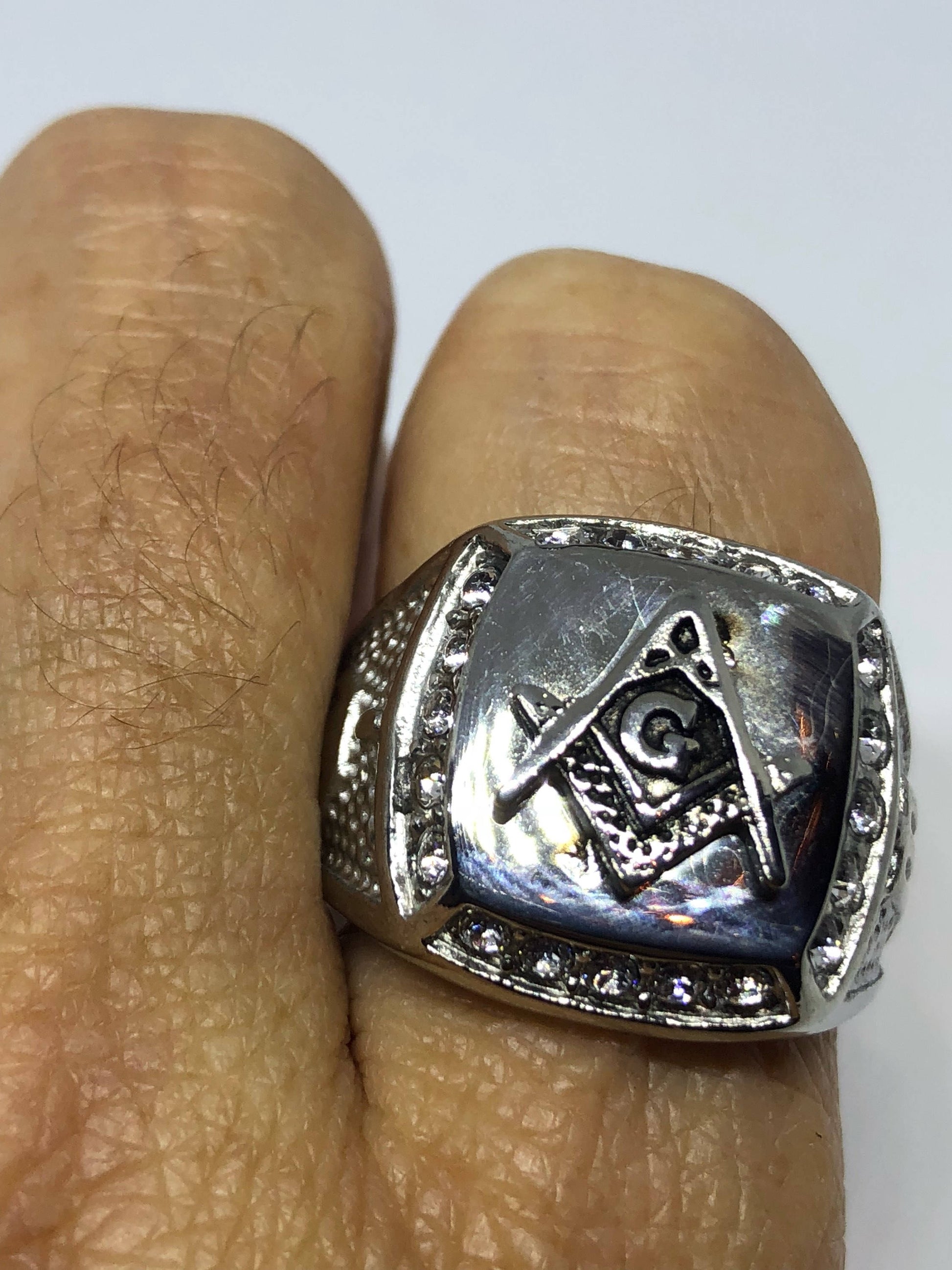 Vintage Gothic Silver Stainless Steel Free Mason G Mens Ring