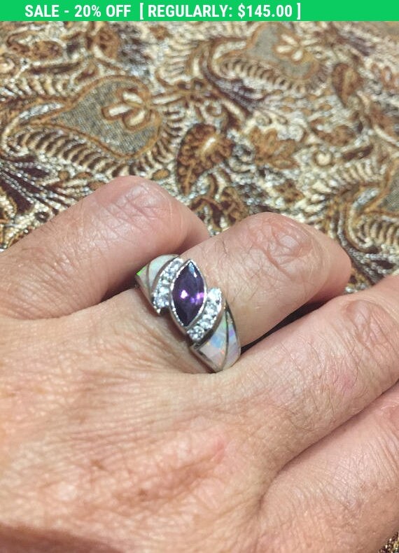 Vintage Handmade Genuine Purple Amethyst and Opal Inlay Setting 925 Sterling Silver Gothic Ring