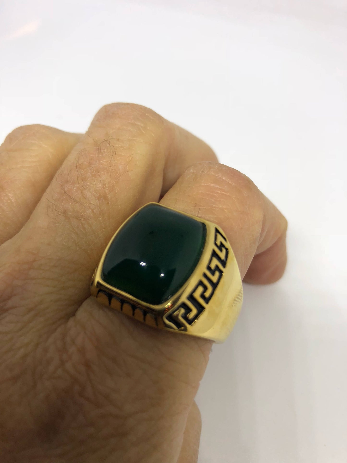 Vintage Gothic Gold Finished Genuine Green Onyx Mens Ring