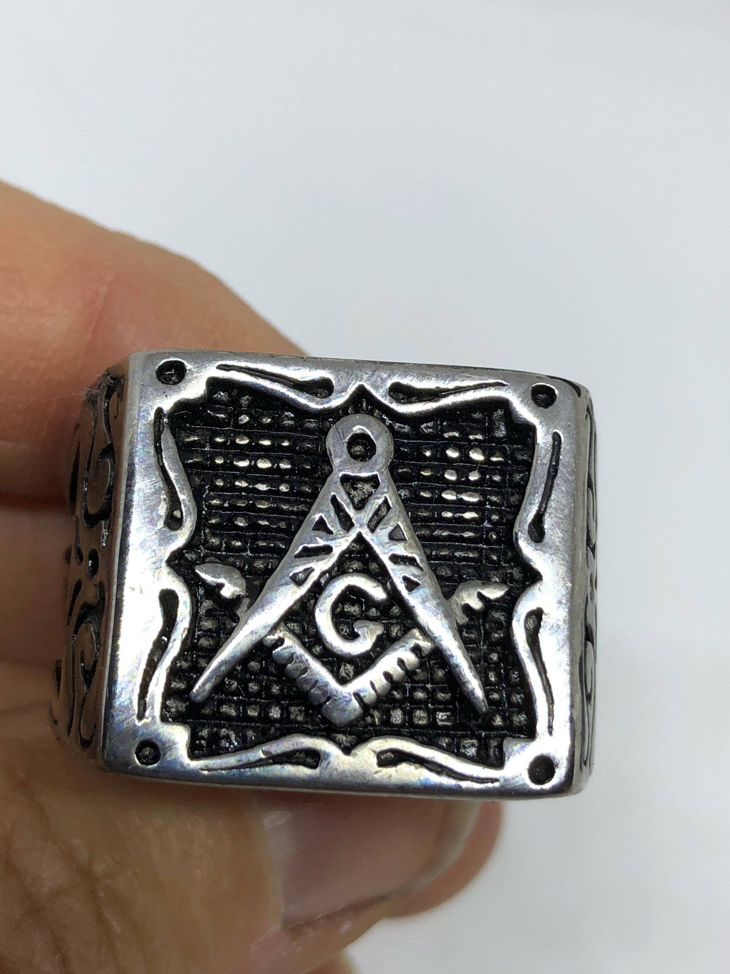 Vintage Gothic Silver Stainless Steel Free Mason G Mens Ring