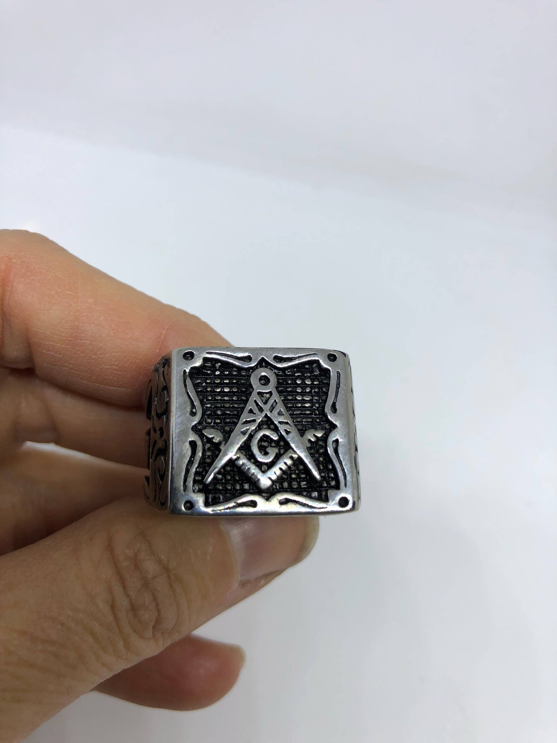 Vintage Gothic Silver Stainless Steel Free Mason G Mens Ring