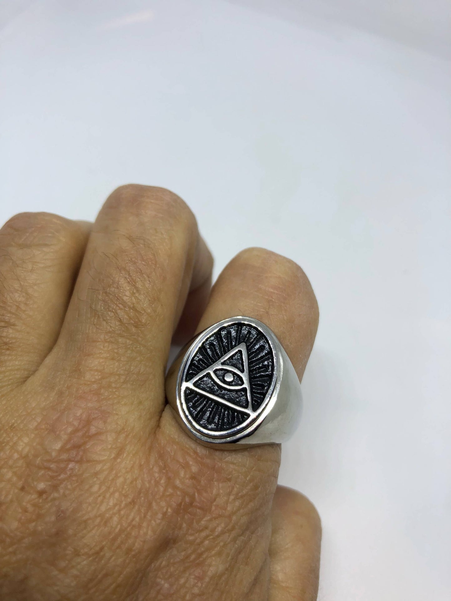 Vintage Gothic Silver Stainless Steel Illuminati Eye Pyramid Mens Ring