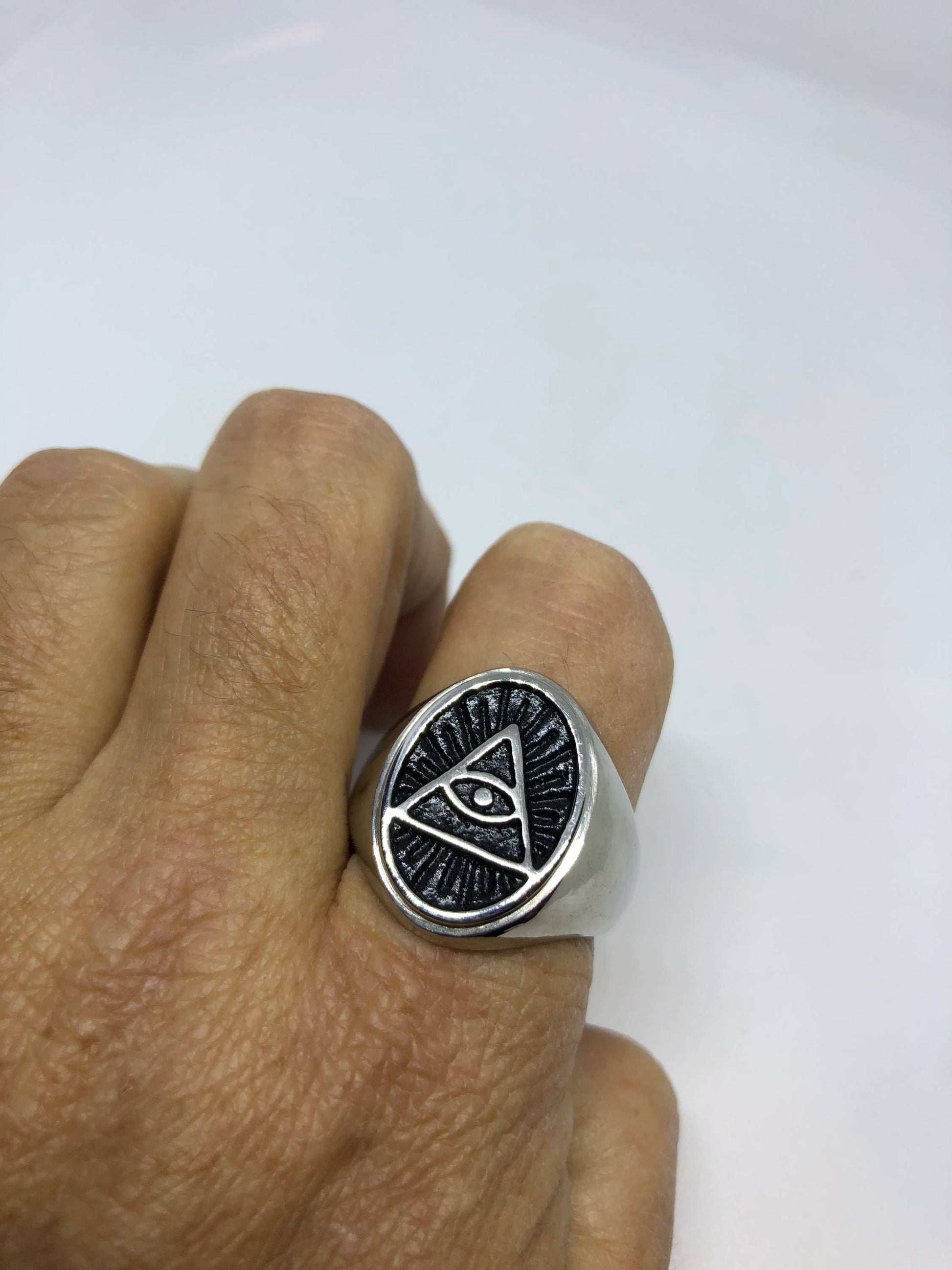 Vintage Gothic Silver Stainless Steel Illuminati Eye Pyramid Mens Ring